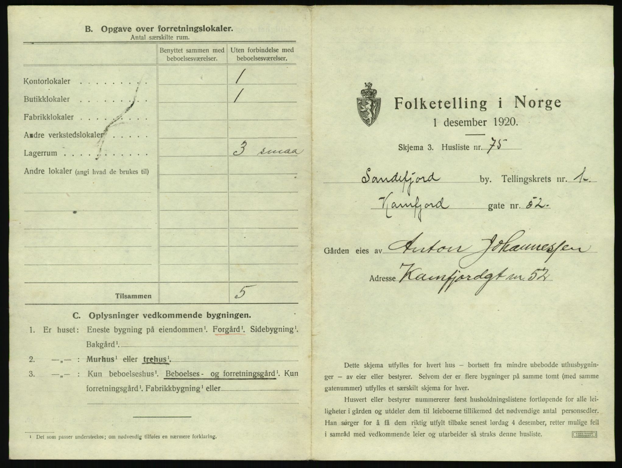 SAKO, Folketelling 1920 for 0706 Sandefjord kjøpstad, 1920, s. 190