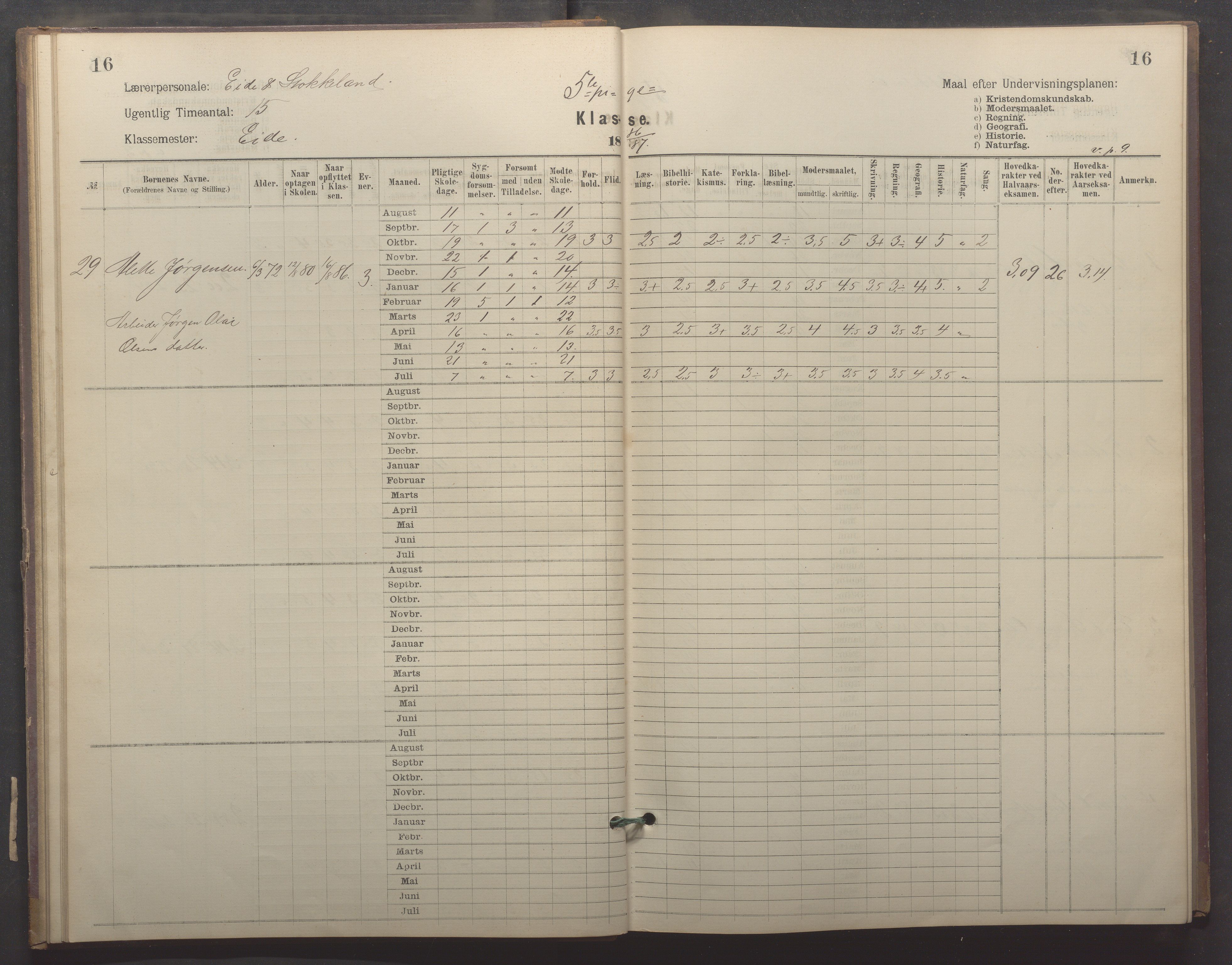Egersund kommune (Ladested) - Egersund almueskole/folkeskole, IKAR/K-100521/H/L0022: Skoleprotokoll - Almueskolen, 5. klasse, 1886-1892, s. 16