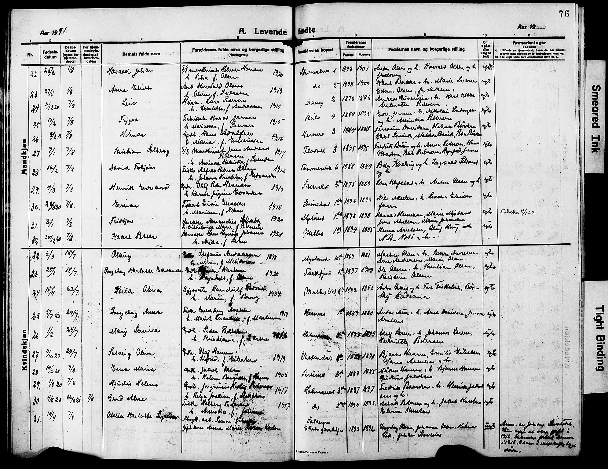 Ministerialprotokoller, klokkerbøker og fødselsregistre - Nordland, AV/SAT-A-1459/888/L1269: Klokkerbok nr. 888C07, 1913-1927, s. 76