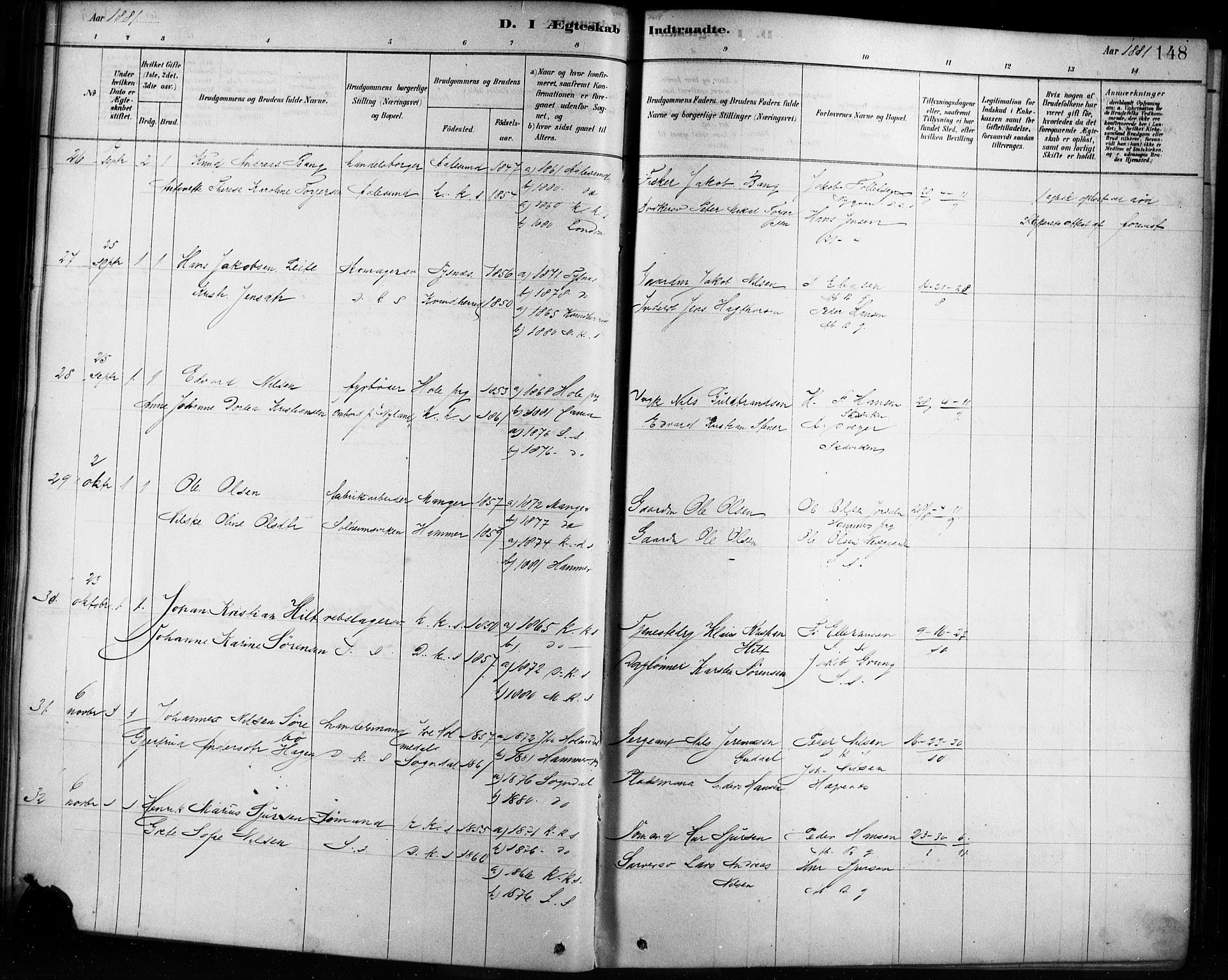 Sandviken Sokneprestembete, AV/SAB-A-77601/H/Ha/L0002: Ministerialbok nr. A 2, 1878-1896, s. 148