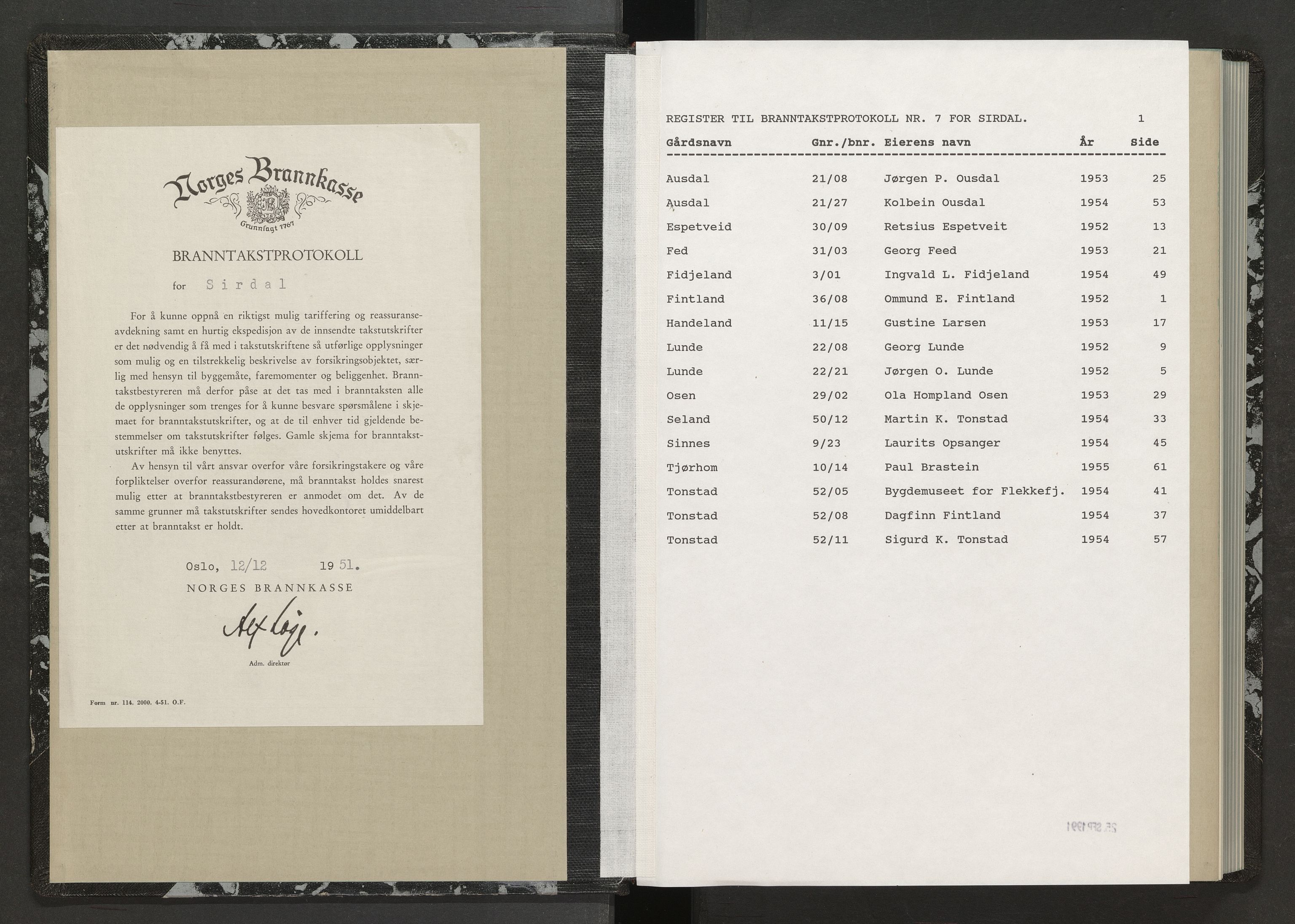 Norges Brannkasse Sirdal, AV/SAK-2241-0044/F/Fa/L0008: Branntakstprotokoll nr. 7 med gårdsnavnregister, 1952-1955