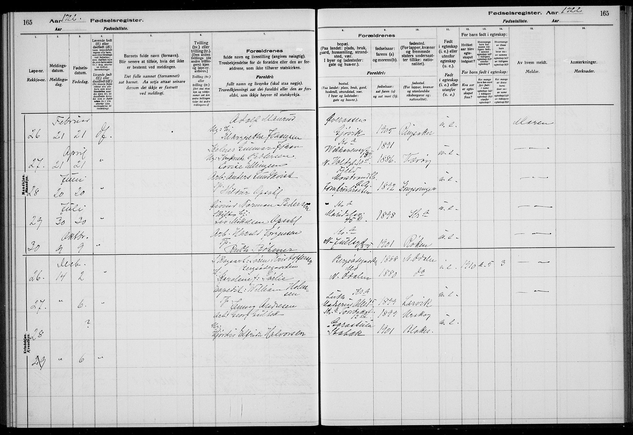 Rikshospitalet prestekontor Kirkebøker, AV/SAO-A-10309b/J/L0007: Fødselsregister nr. 7, 1922-1922, s. 165