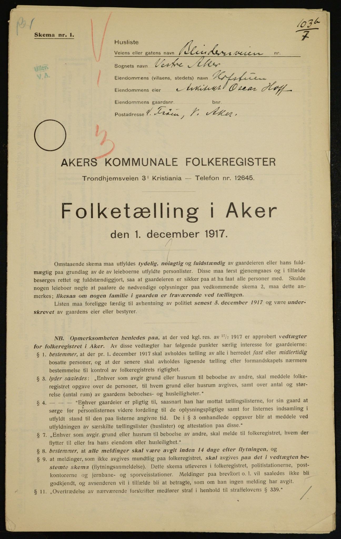 OBA, Kommunal folketelling 1.12.1917 for Aker, 1917, s. 10434