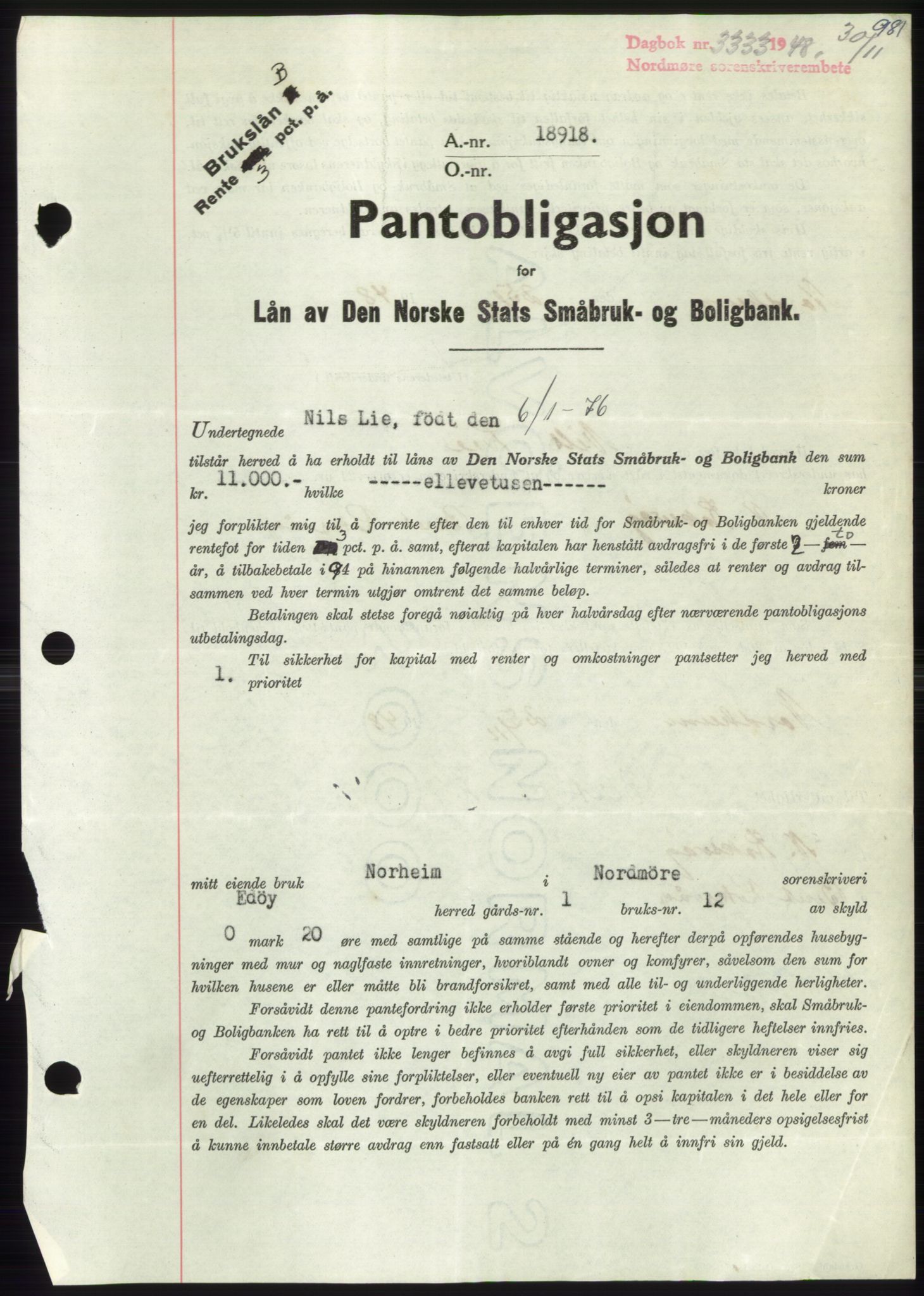 Nordmøre sorenskriveri, SAT/A-4132/1/2/2Ca: Pantebok nr. B100, 1948-1949, Dagboknr: 3333/1948