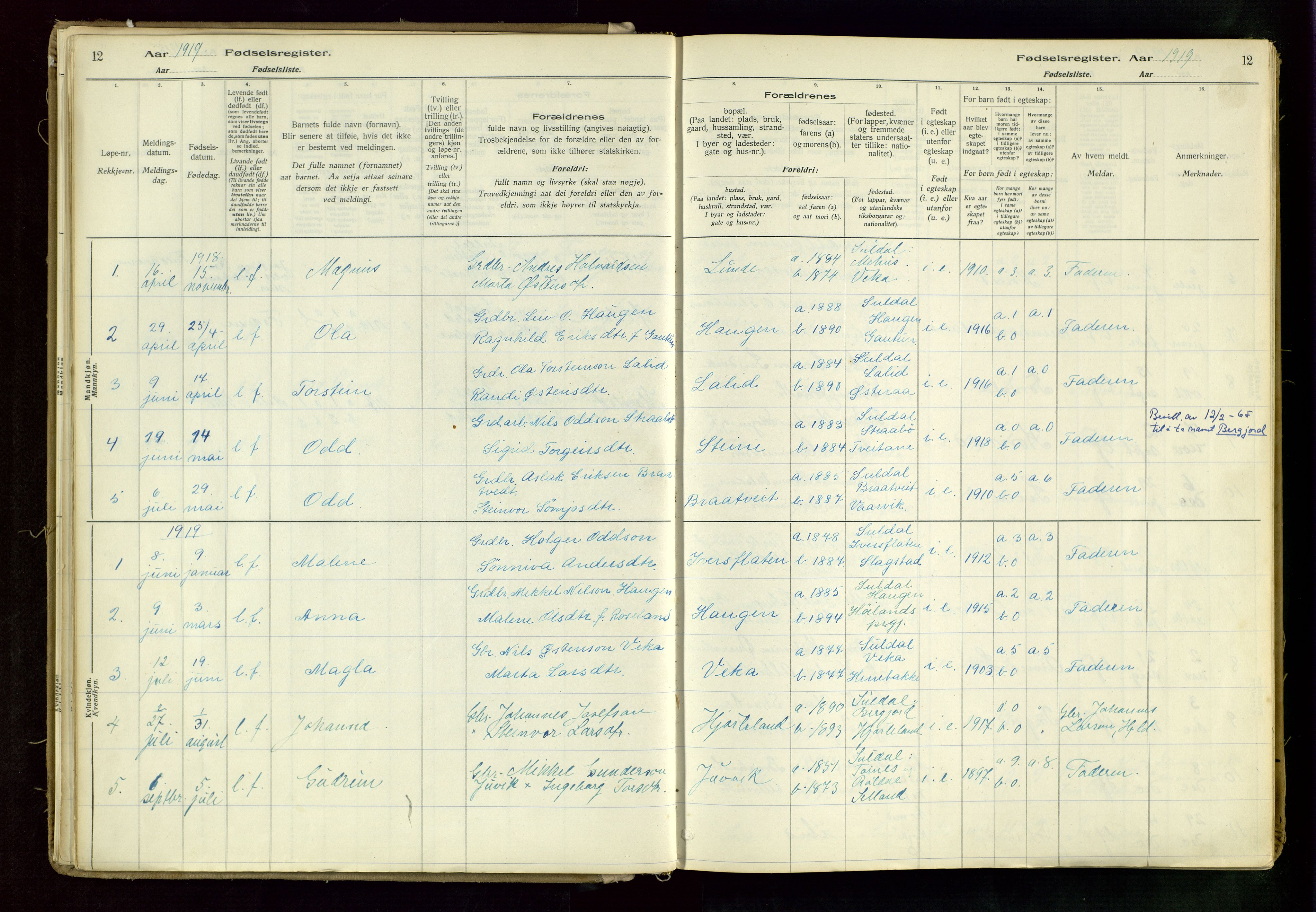 Suldal sokneprestkontor, SAST/A-101845/03/A/L0002: Fødselsregister nr. 2, 1916-1982, s. 12
