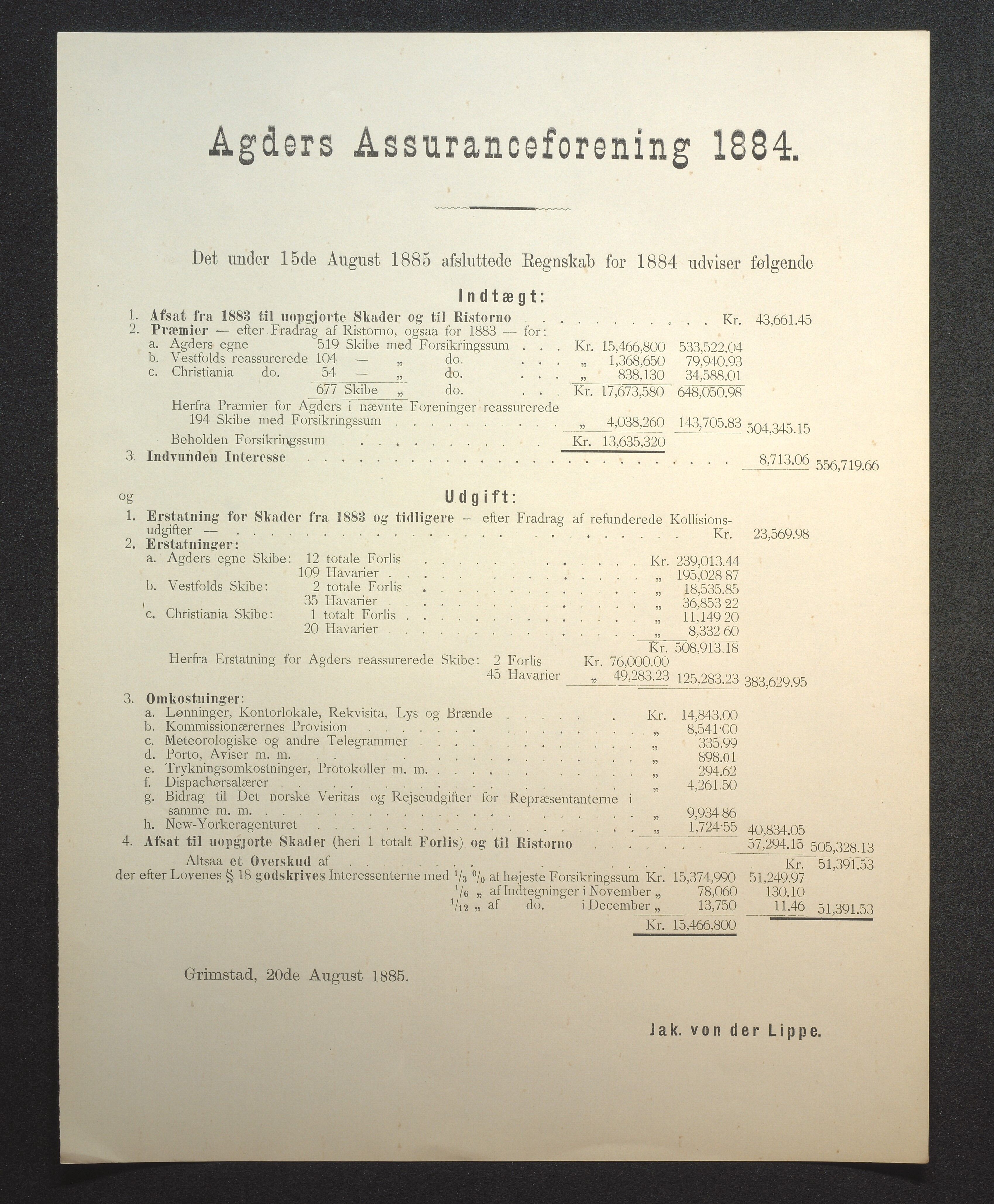 Agders Gjensidige Assuranceforening, AAKS/PA-1718/05/L0002: Regnskap, seilavdeling, pakkesak, 1881-1889