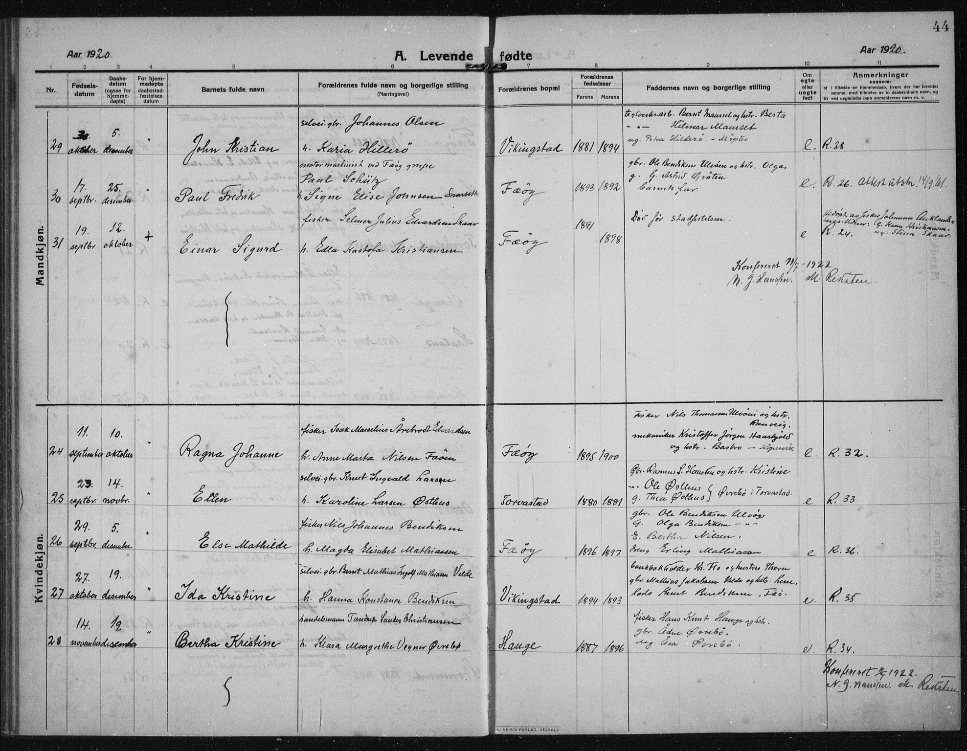 Torvastad sokneprestkontor, AV/SAST-A -101857/H/Ha/Haa/L0019: Ministerialbok nr. A 18, 1912-1920, s. 44