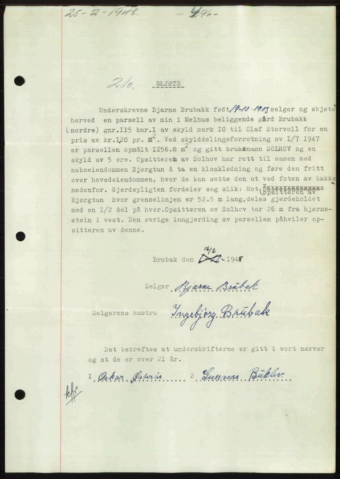 Gauldal sorenskriveri, SAT/A-0014/1/2/2C: Pantebok nr. A5, 1947-1948, Dagboknr: 210/1948