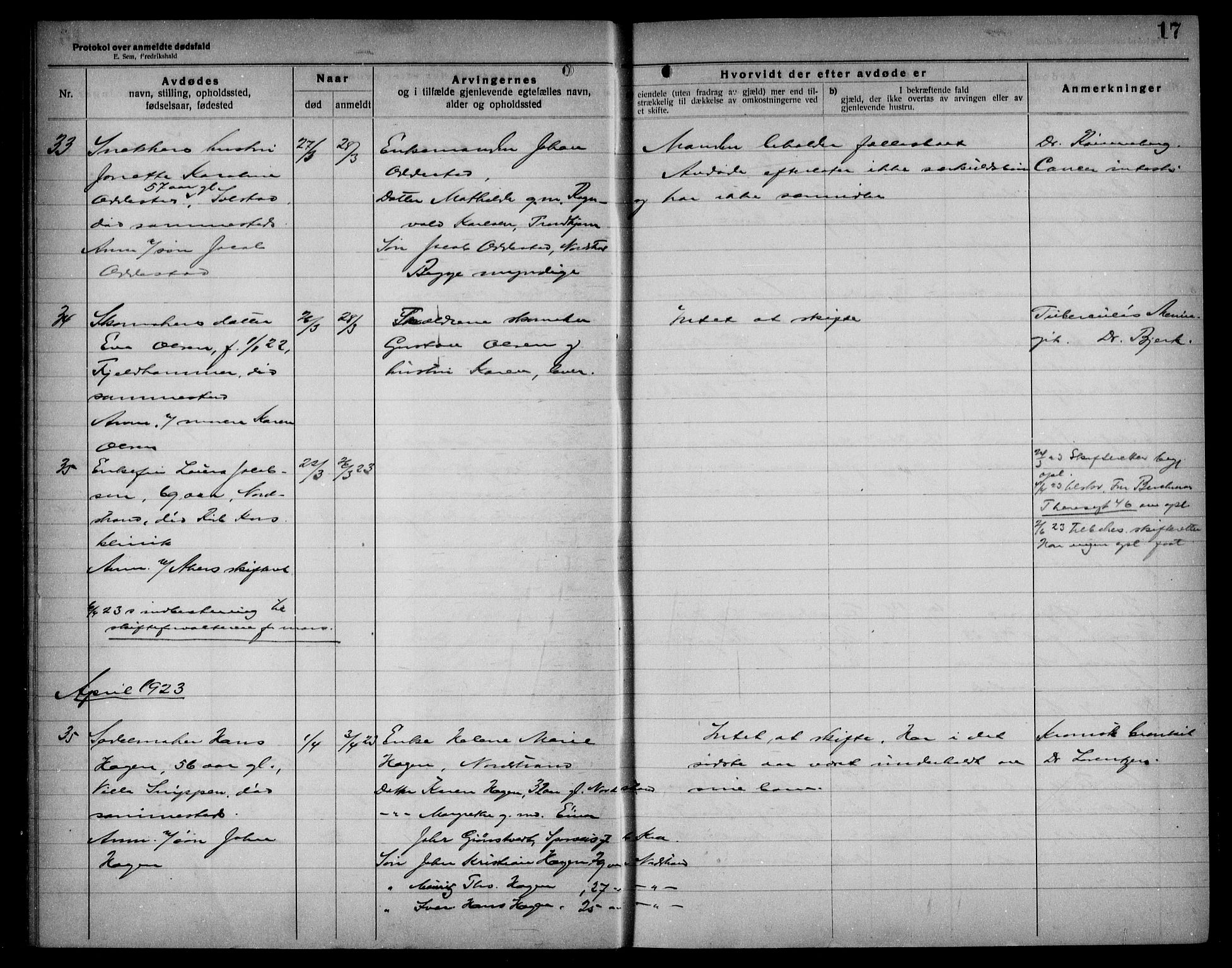 Aker kriminaldommer, skifte- og auksjonsforvalterembete, AV/SAO-A-10452/H/Hb/Hba/Hbad/L0001: Dødsfallsprotokoll for Nordstrand, 1922-1929, s. 17