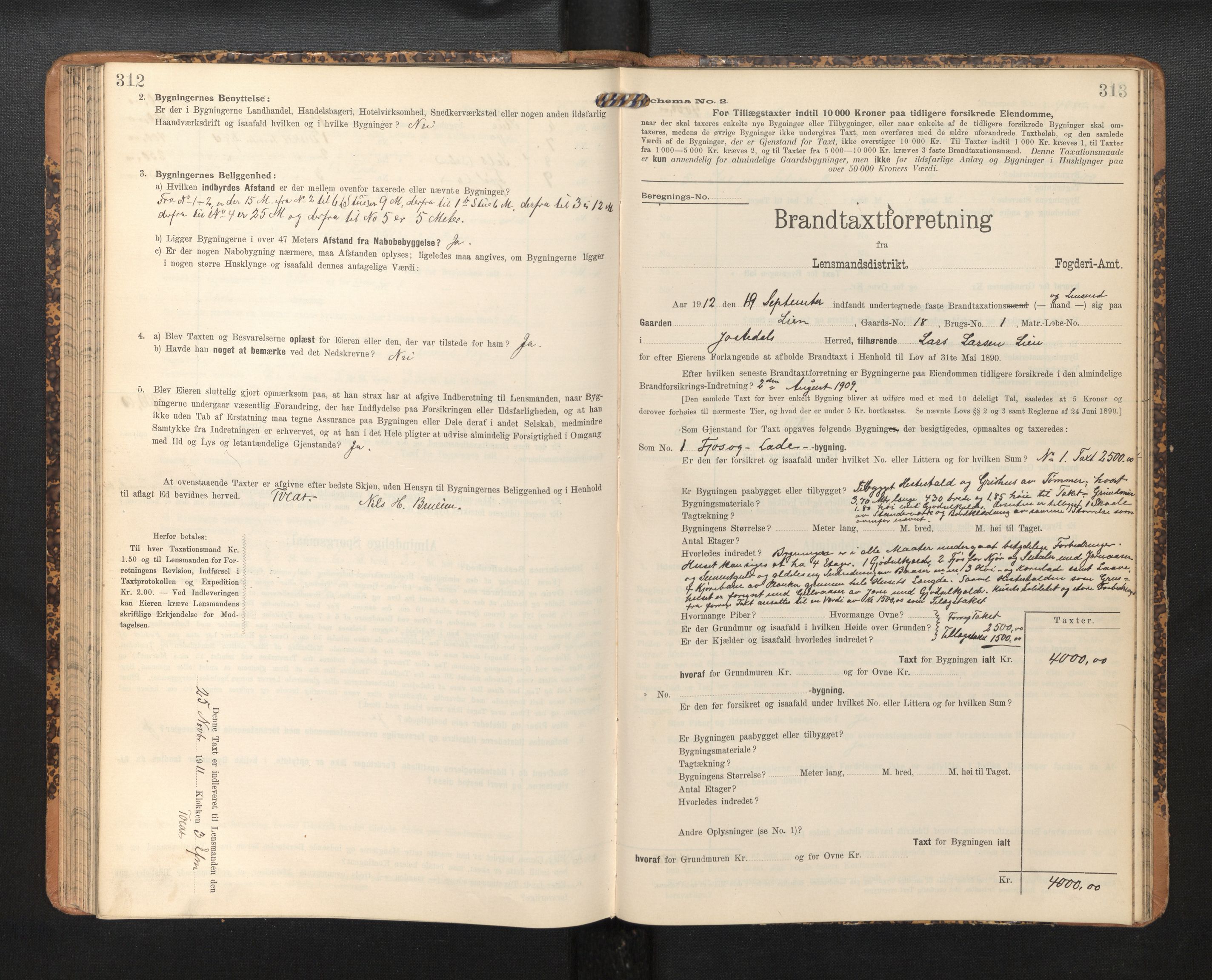 Lensmannen i Jostedal, SAB/A-28601/0012/L0004: Branntakstprotokoll, skjematakst, 1906-1919, s. 312-313