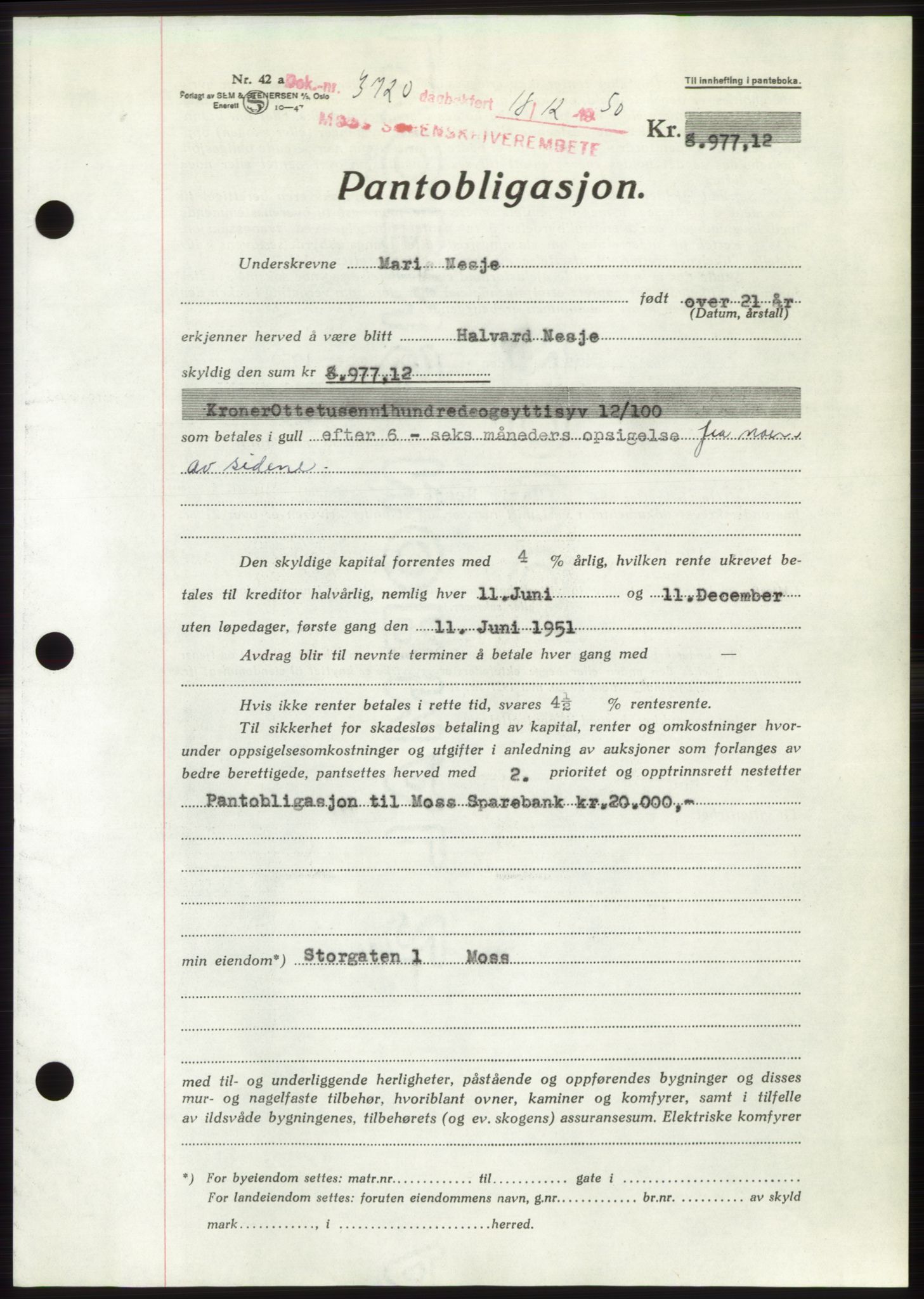 Moss sorenskriveri, SAO/A-10168: Pantebok nr. B25, 1950-1950, Dagboknr: 3720/1950