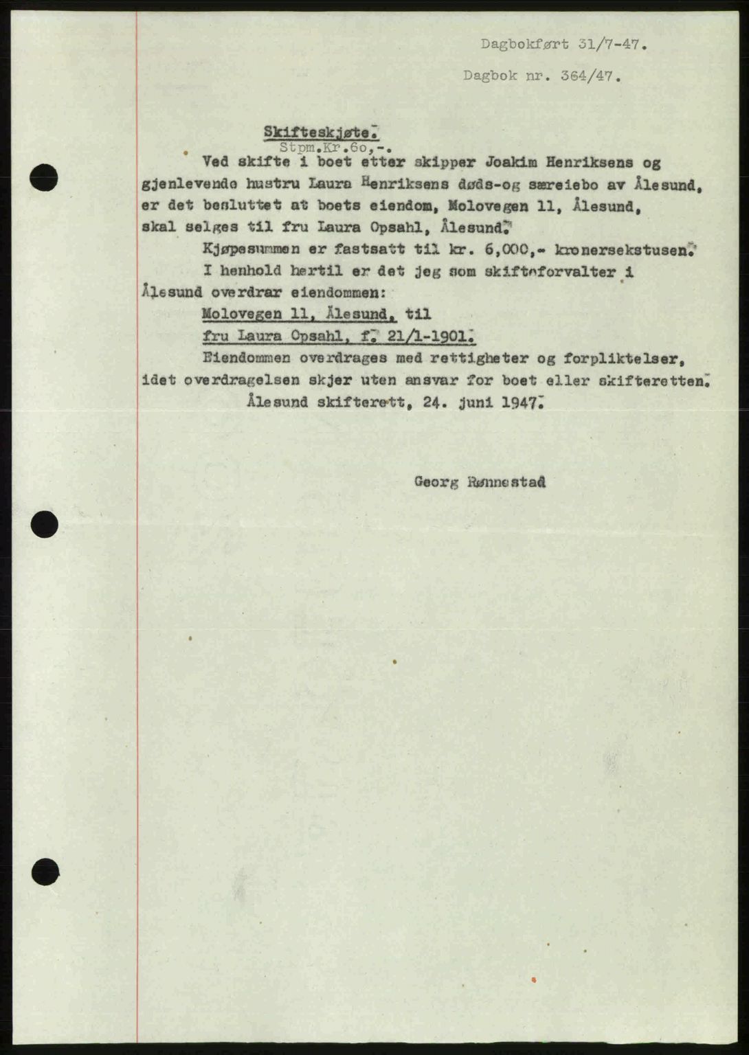 Ålesund byfogd, AV/SAT-A-4384: Pantebok nr. 37A (1), 1947-1949, Dagboknr: 364/1947