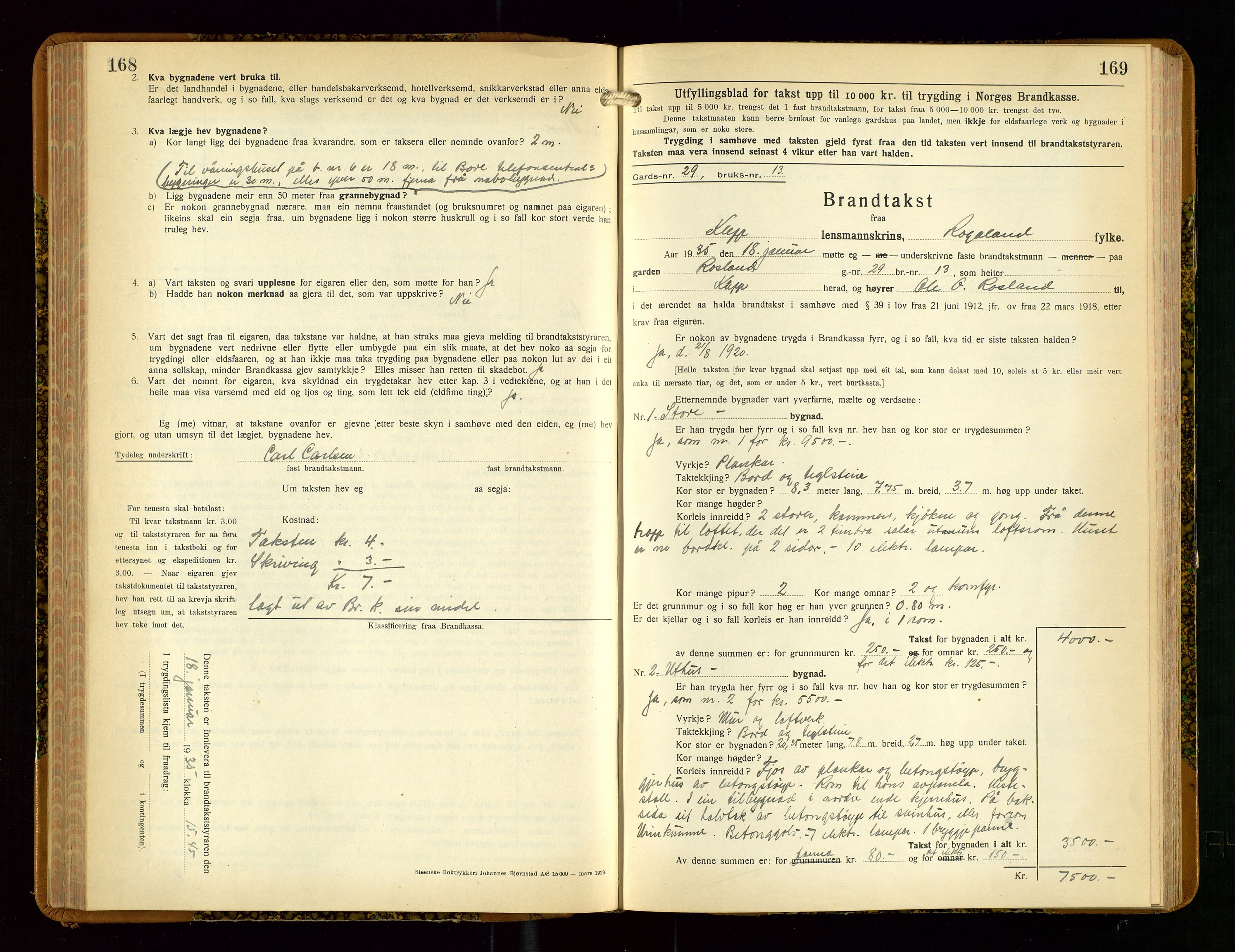 Klepp lensmannskontor, SAST/A-100163/Goc/L0013: "Brandtakstbok" m/register, 1933-1937, s. 168-169