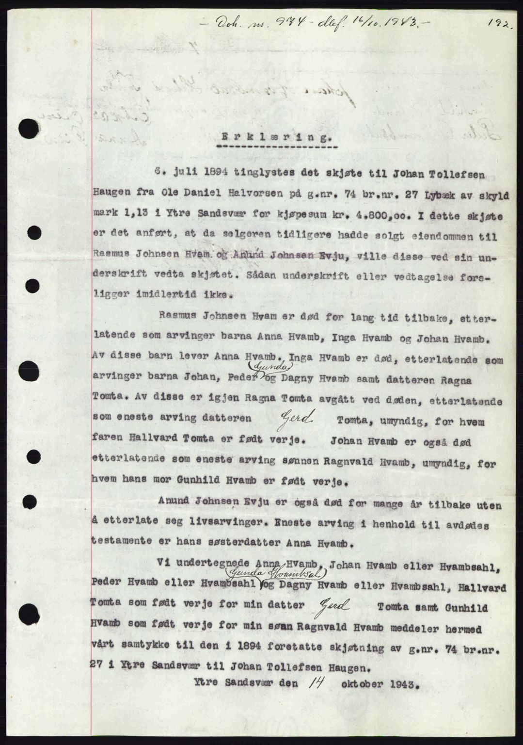 Numedal og Sandsvær sorenskriveri, SAKO/A-128/G/Ga/Gaa/L0055: Pantebok nr. A7, 1943-1944, Dagboknr: 974/1943