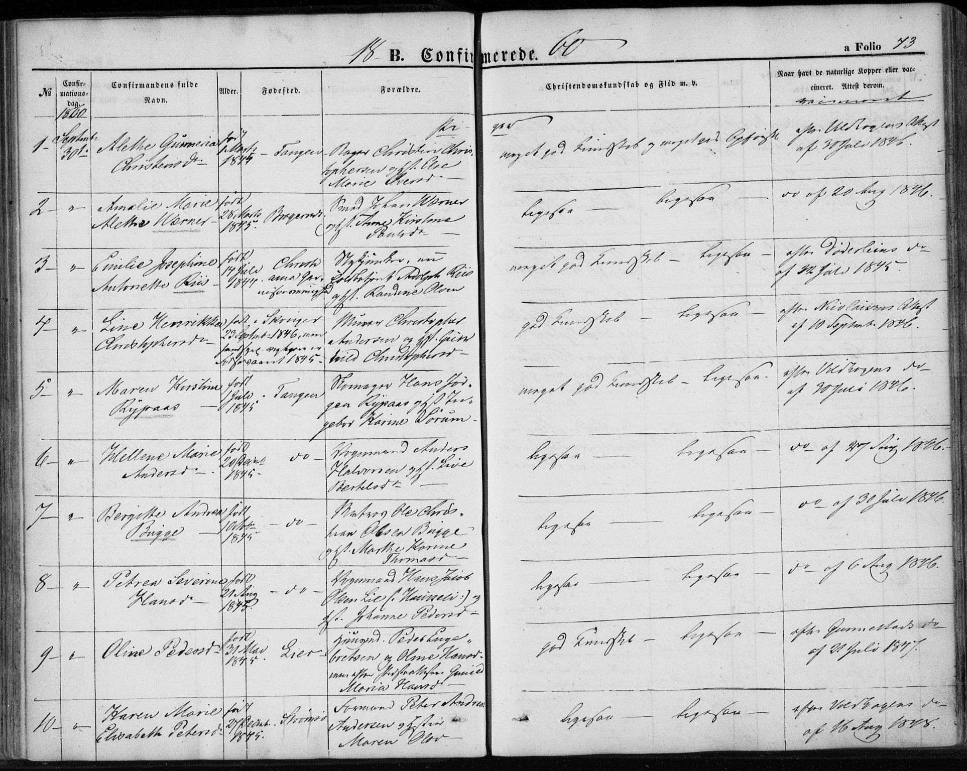 Strømsø kirkebøker, AV/SAKO-A-246/F/Fa/L0017: Ministerialbok nr. I 17, 1848-1865, s. 73
