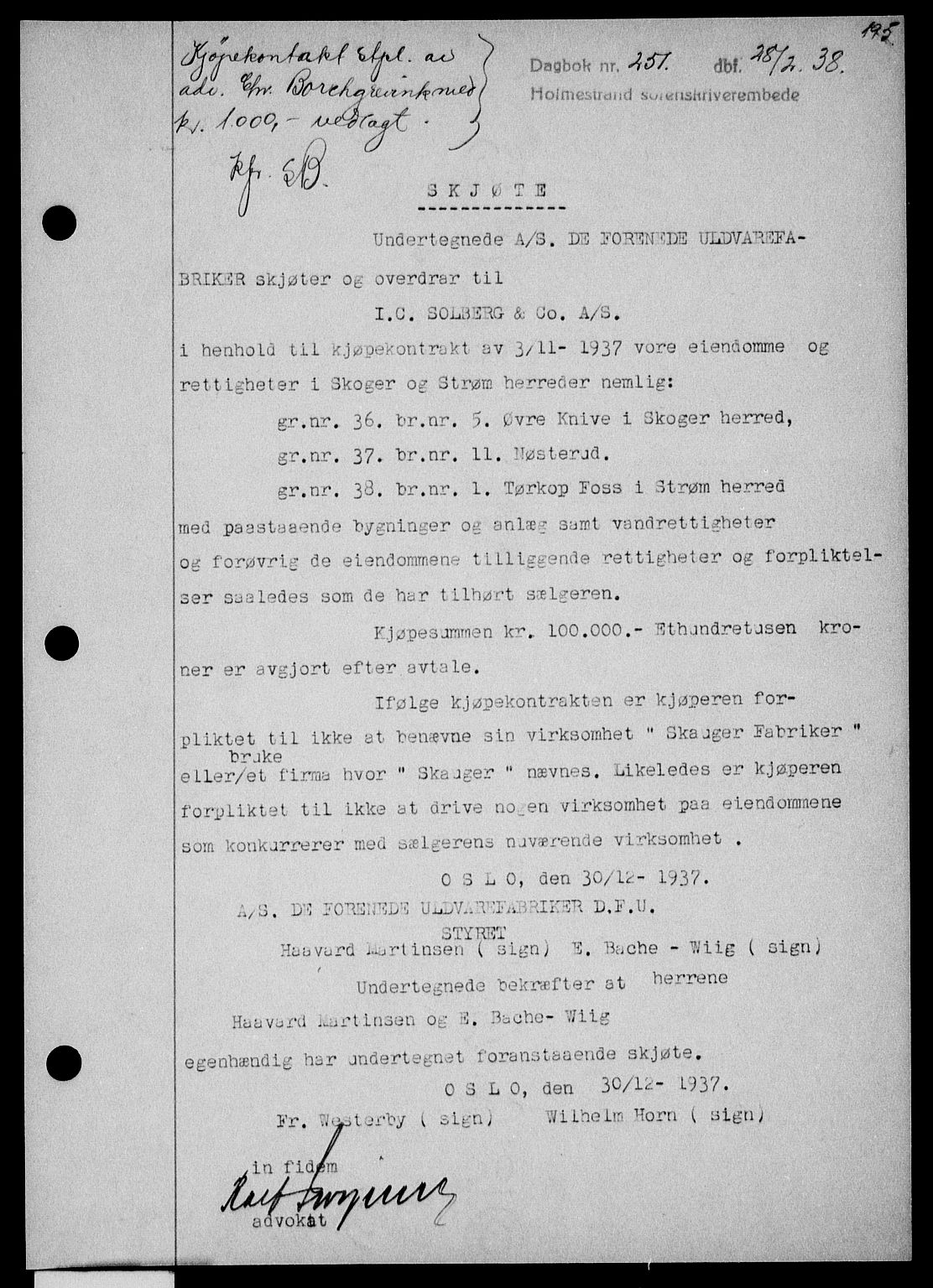 Holmestrand sorenskriveri, SAKO/A-67/G/Ga/Gaa/L0049: Pantebok nr. A-49, 1937-1938, Dagboknr: 251/1938