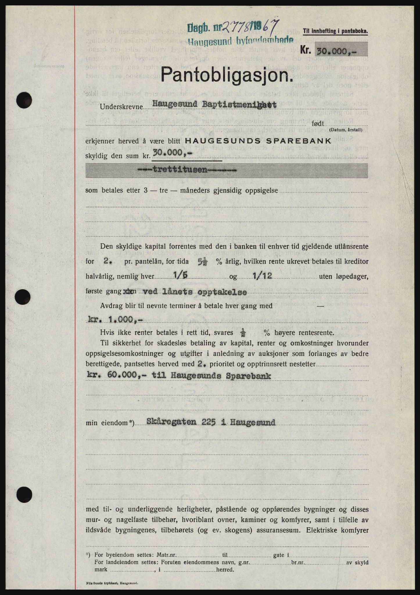 Haugesund tingrett, SAST/A-101415/01/II/IIC/L0057: Pantebok nr. B 57, 1967-1967, Dagboknr: 2778/1967