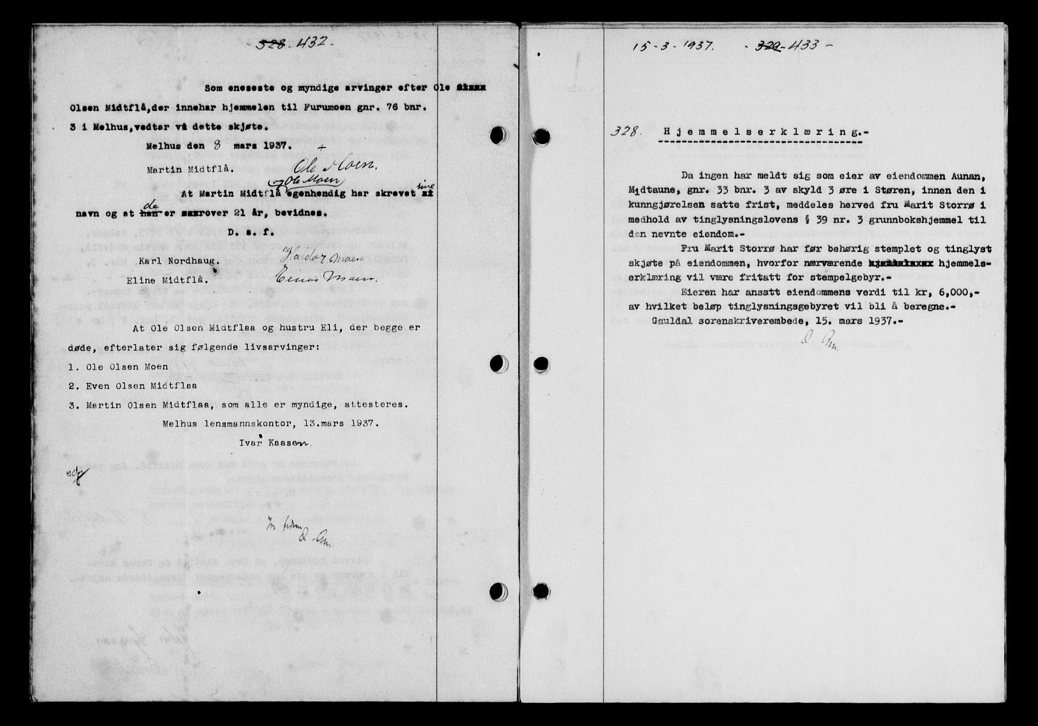 Gauldal sorenskriveri, SAT/A-0014/1/2/2C/L0047: Pantebok nr. 50-51, 1937-1937, Dagboknr: 328/1937