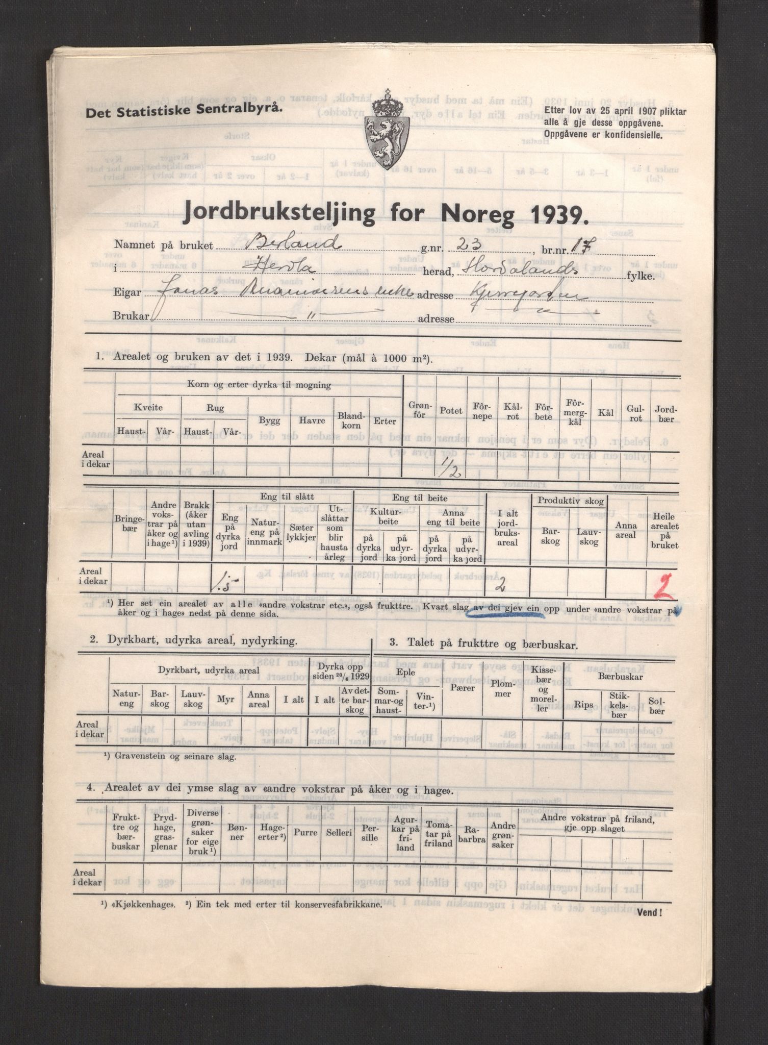 Statistisk sentralbyrå, Næringsøkonomiske emner, Jordbruk, skogbruk, jakt, fiske og fangst, AV/RA-S-2234/G/Gb/L0211: Hordaland: Herdla, Hjelme og Manger, 1939, s. 35