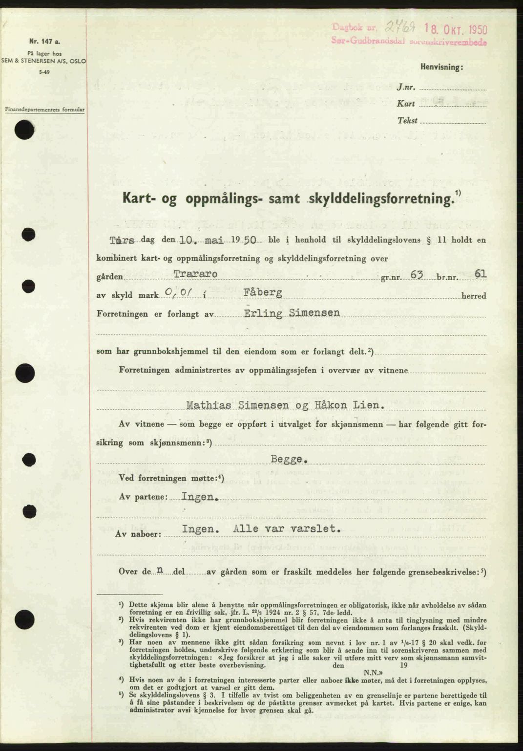Sør-Gudbrandsdal tingrett, SAH/TING-004/H/Hb/Hbd/L0029: Pantebok nr. A29, 1950-1950, Dagboknr: 2769/1950