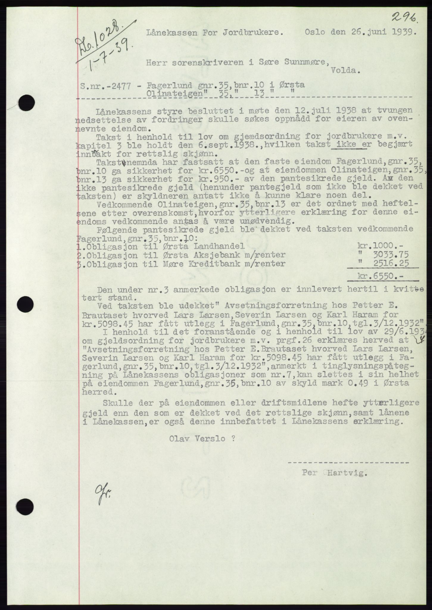 Søre Sunnmøre sorenskriveri, AV/SAT-A-4122/1/2/2C/L0068: Pantebok nr. 62, 1939-1939, Dagboknr: 1028/1939