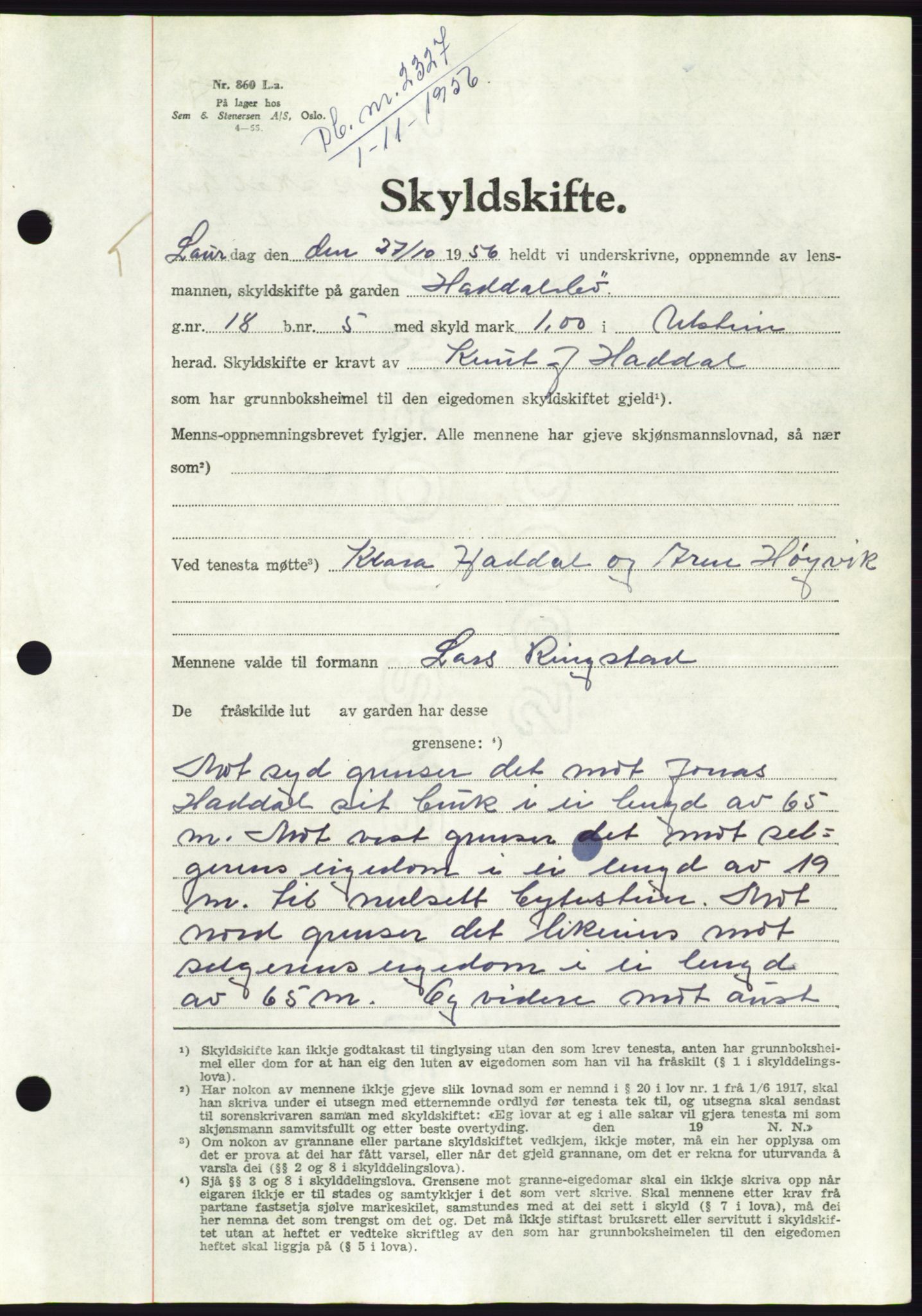 Søre Sunnmøre sorenskriveri, AV/SAT-A-4122/1/2/2C/L0104: Pantebok nr. 30A, 1956-1956, Dagboknr: 2327/1956