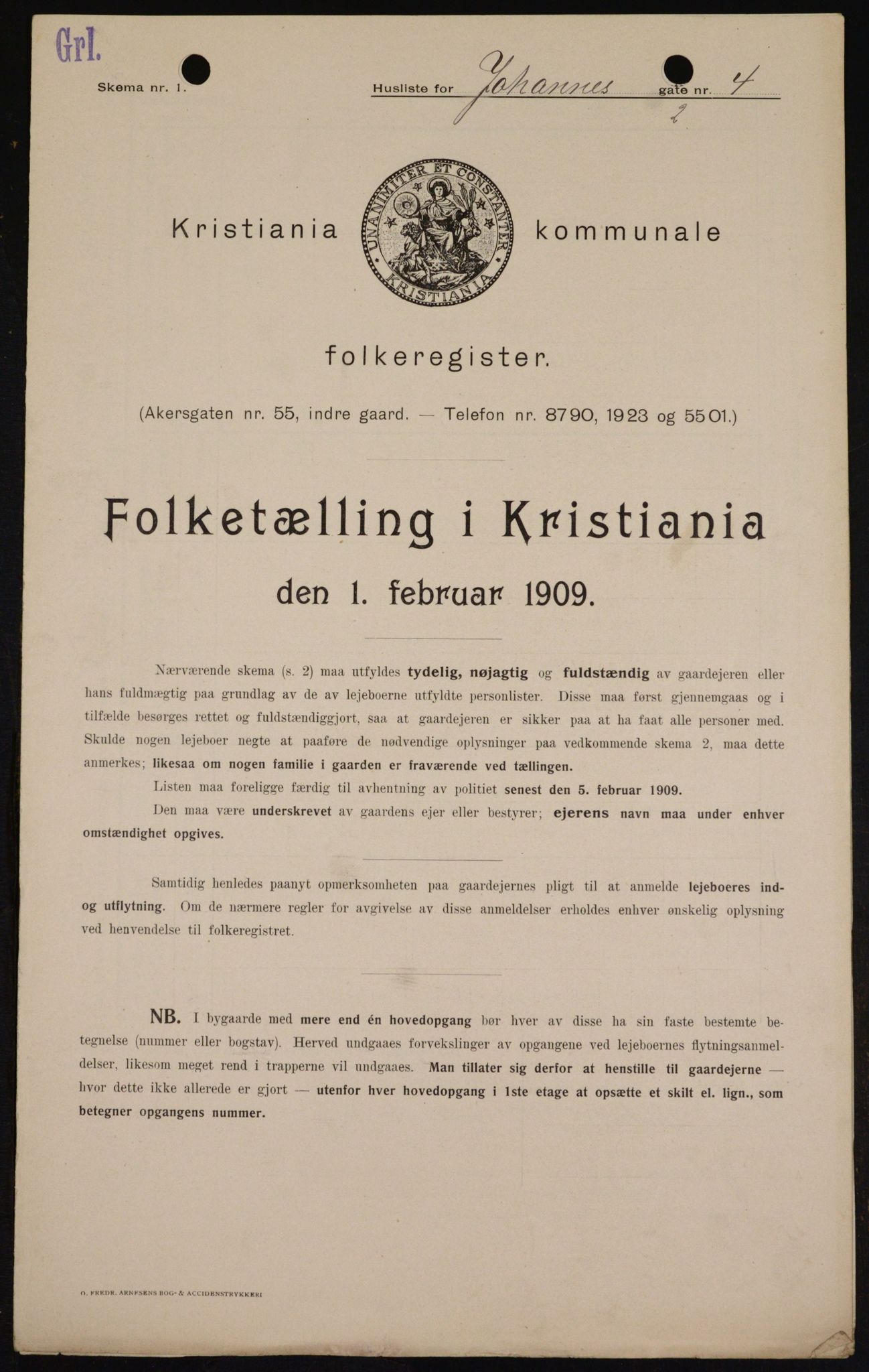 OBA, Kommunal folketelling 1.2.1909 for Kristiania kjøpstad, 1909, s. 43073