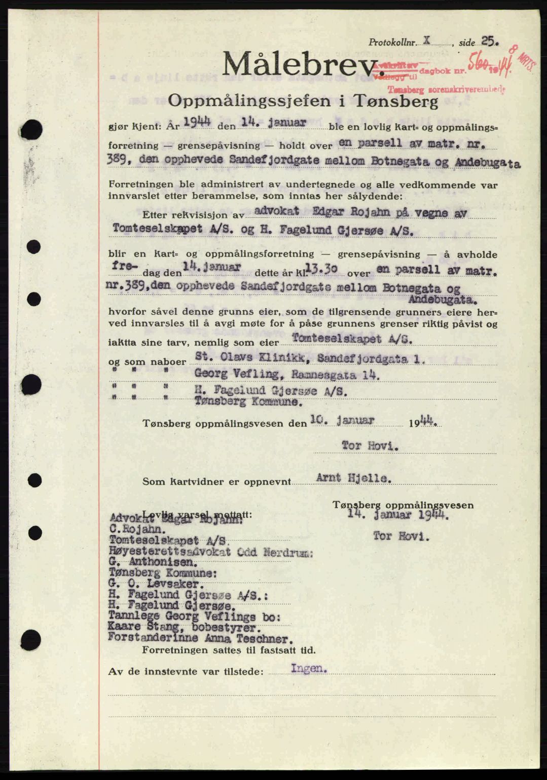 Tønsberg sorenskriveri, AV/SAKO-A-130/G/Ga/Gaa/L0015: Pantebok nr. A15, 1944-1944, Dagboknr: 560/1944