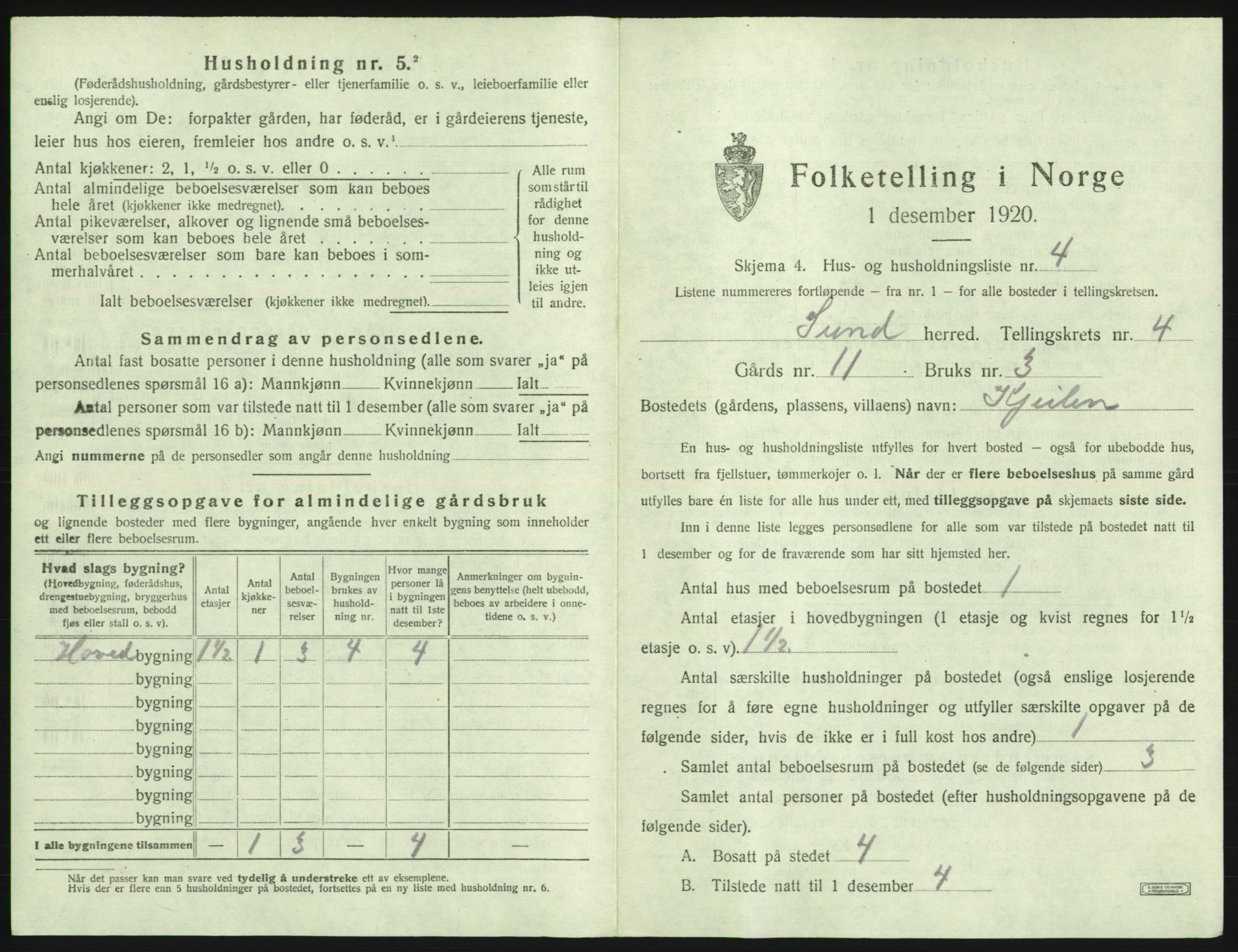 SAB, Folketelling 1920 for 1245 Sund herred, 1920, s. 289