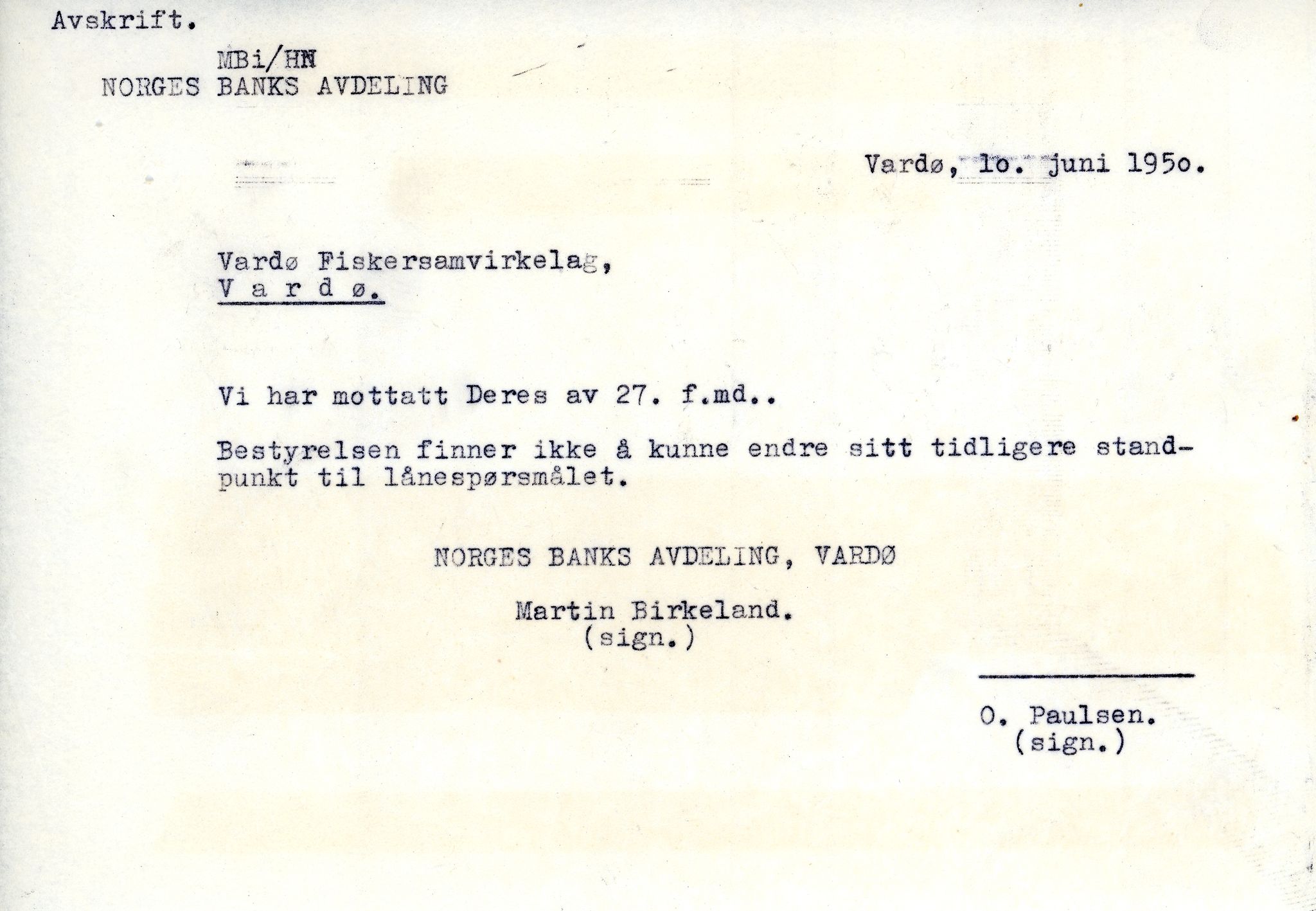 Vardø Fiskersamvirkelag, VAMU/A-0037/D/Da/L0007: Korrespondanse St-Tr, 1947-1950