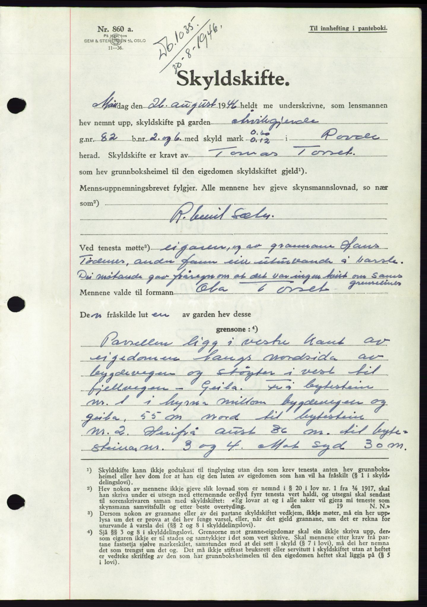 Søre Sunnmøre sorenskriveri, SAT/A-4122/1/2/2C/L0078: Pantebok nr. 4A, 1946-1946, Dagboknr: 1035/1946