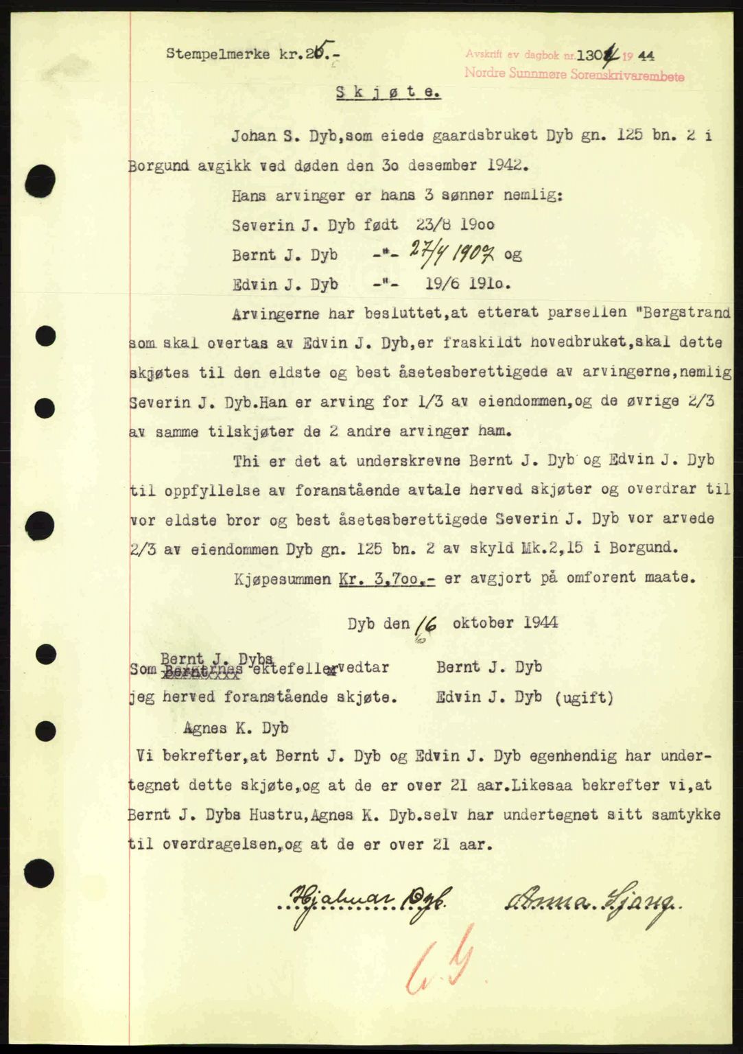 Nordre Sunnmøre sorenskriveri, SAT/A-0006/1/2/2C/2Ca: Pantebok nr. A18, 1944-1944, Dagboknr: 1304/1944