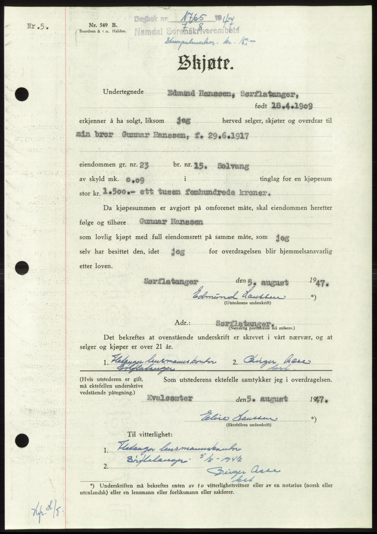 Namdal sorenskriveri, SAT/A-4133/1/2/2C: Pantebok nr. -, 1947-1947, Dagboknr: 1765/1947