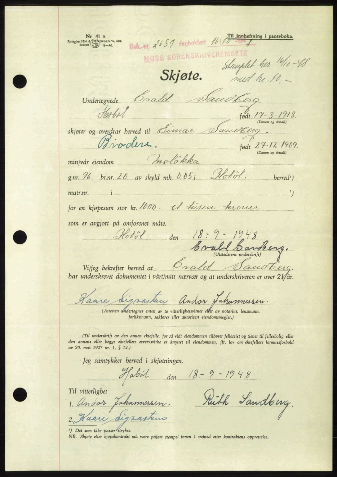 Moss sorenskriveri, SAO/A-10168: Pantebok nr. A20, 1948-1948, Dagboknr: 2657/1948