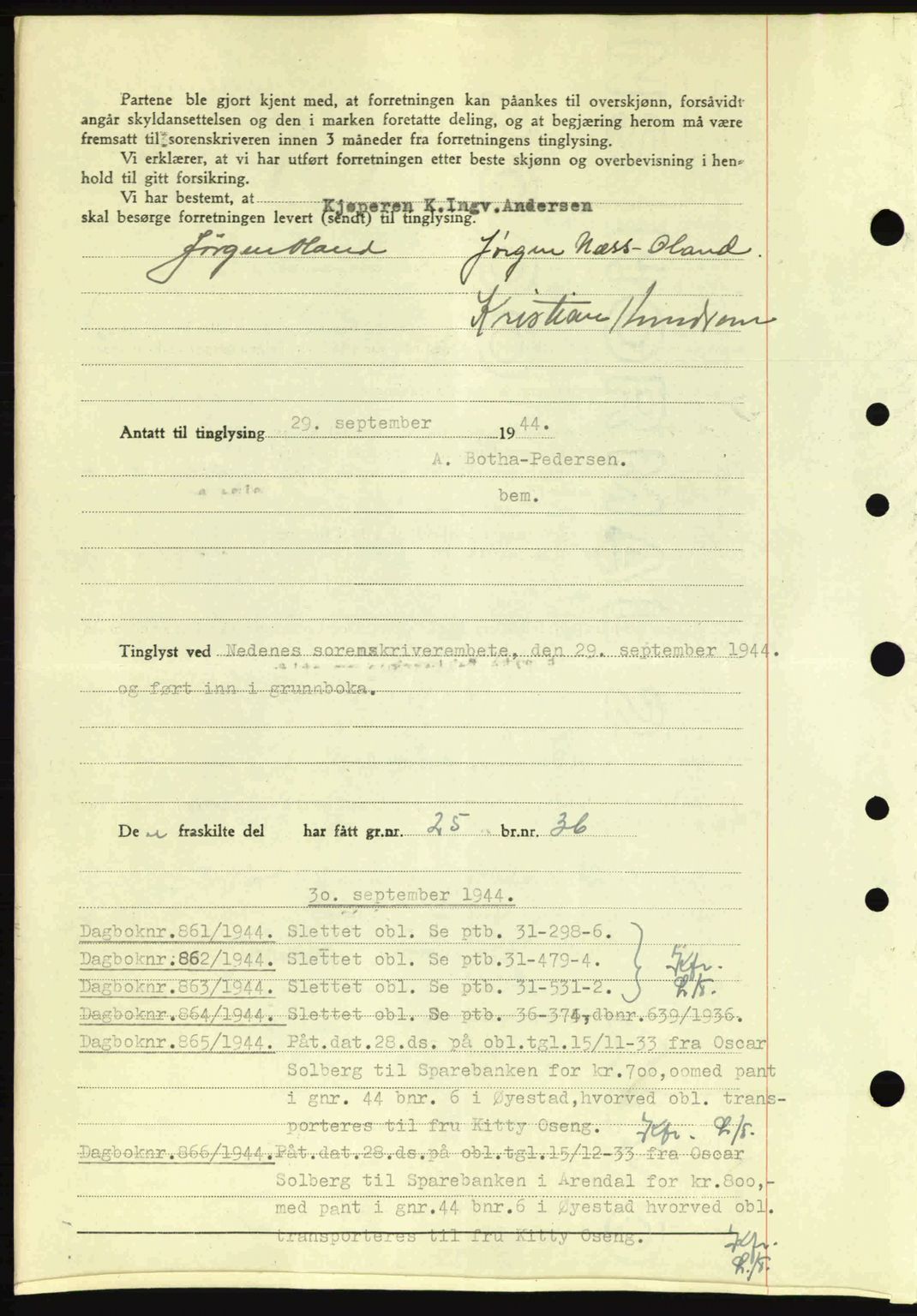 Nedenes sorenskriveri, SAK/1221-0006/G/Gb/Gba/L0052: Pantebok nr. A6a, 1944-1945, Dagboknr: 860/1944