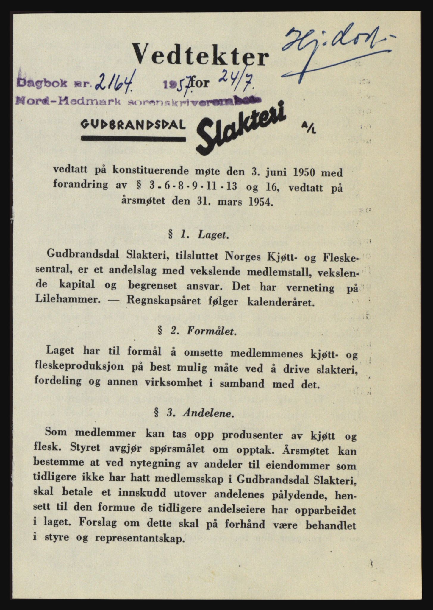 Nord-Hedmark sorenskriveri, SAH/TING-012/H/Hc/L0011: Pantebok nr. 11, 1956-1957, Dagboknr: 2164/1957