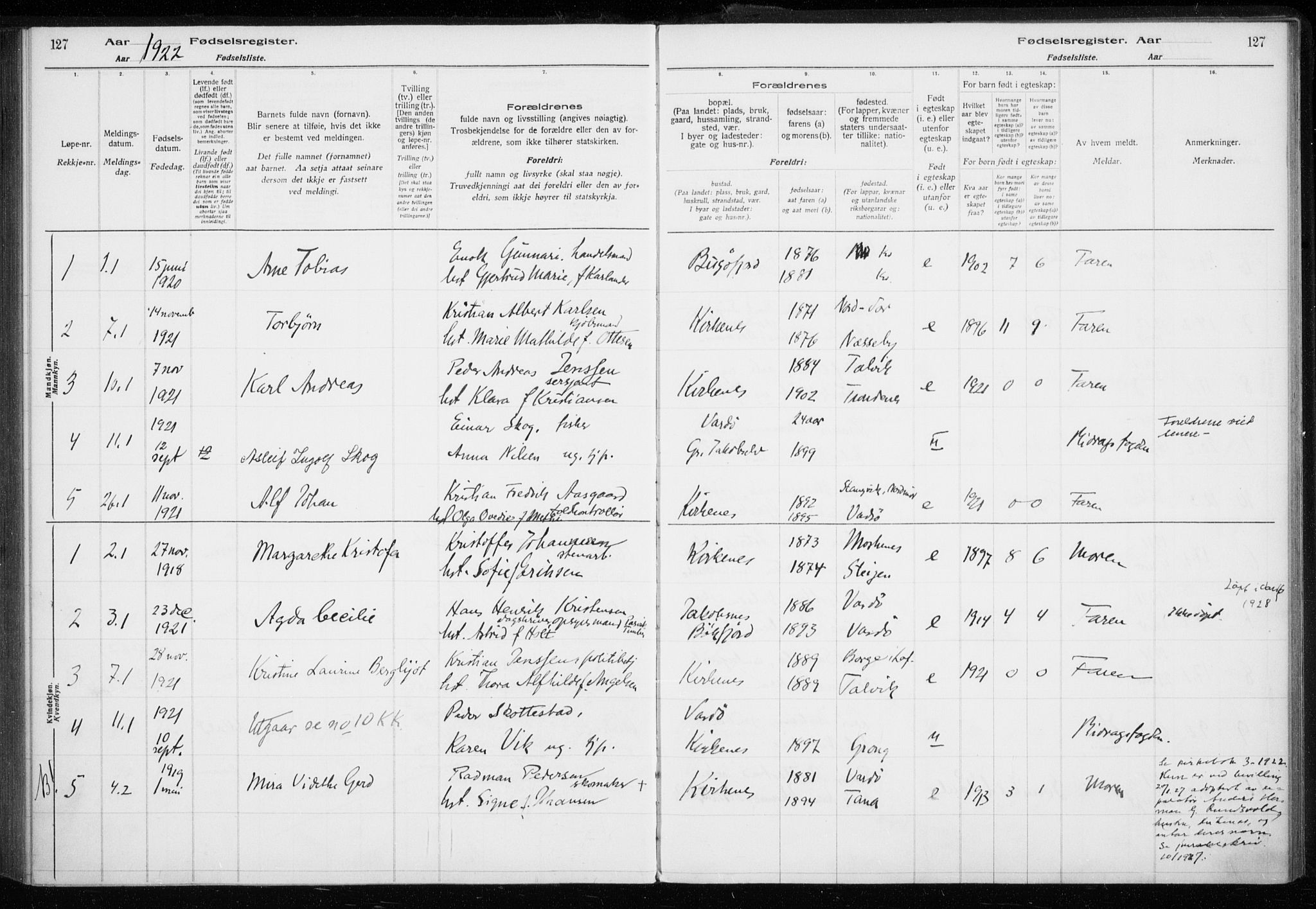 Sør-Varanger sokneprestkontor, AV/SATØ-S-1331/I/Ia/L0016: Fødselsregister nr. 16, 1915-1925, s. 127