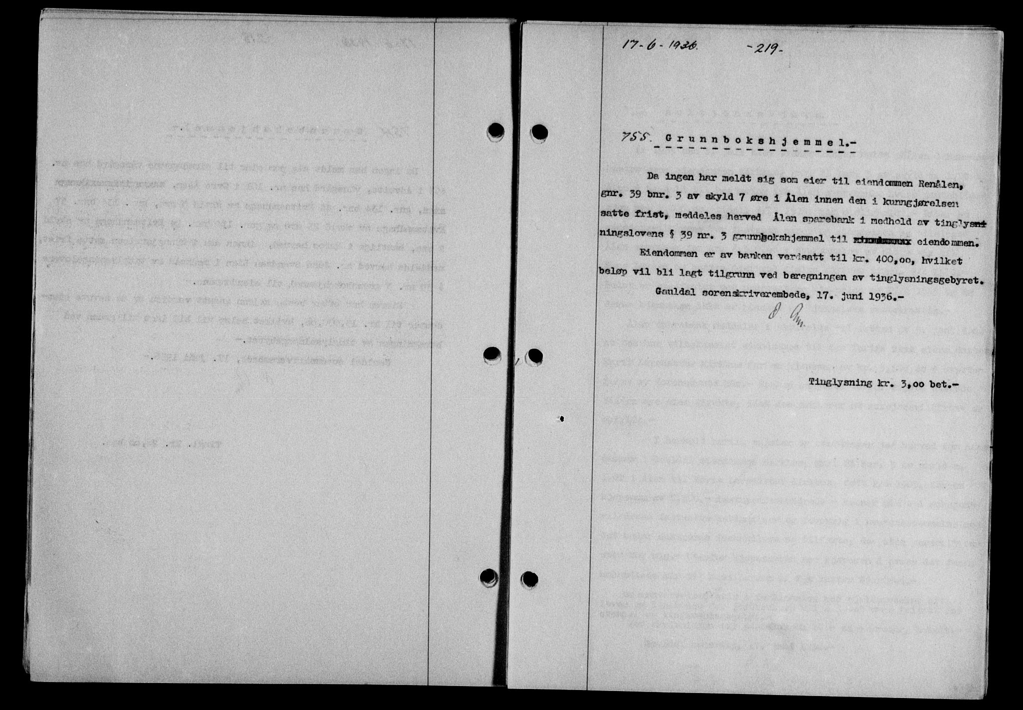 Gauldal sorenskriveri, SAT/A-0014/1/2/2C/L0046: Pantebok nr. 49-50, 1936-1937, Dagboknr: 755/1936
