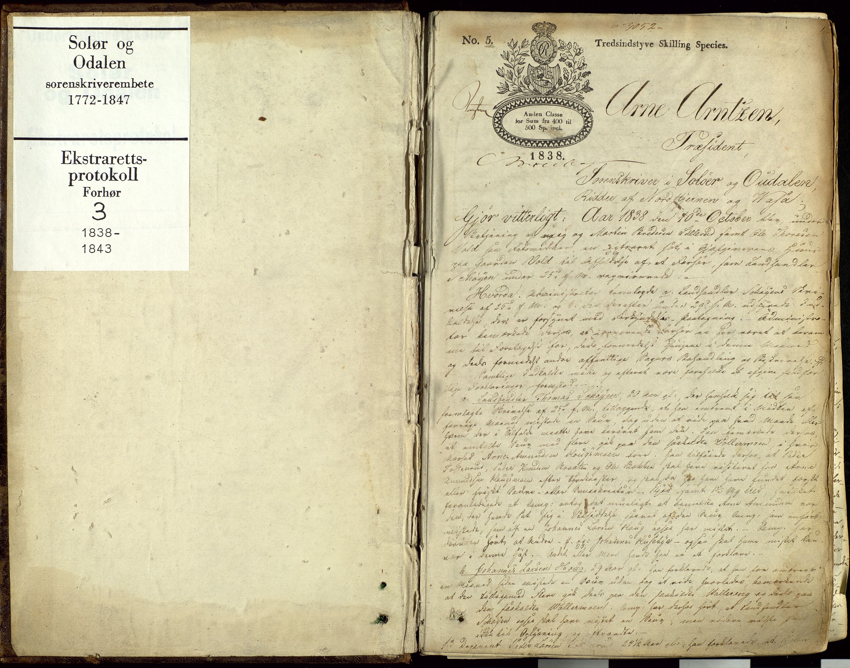 Solør og Odalen sorenskriveri, AV/SAH-TING-026/G/Gc/Gcb/L0003: Forhørsprotokoll, 1838-1843, s. 1