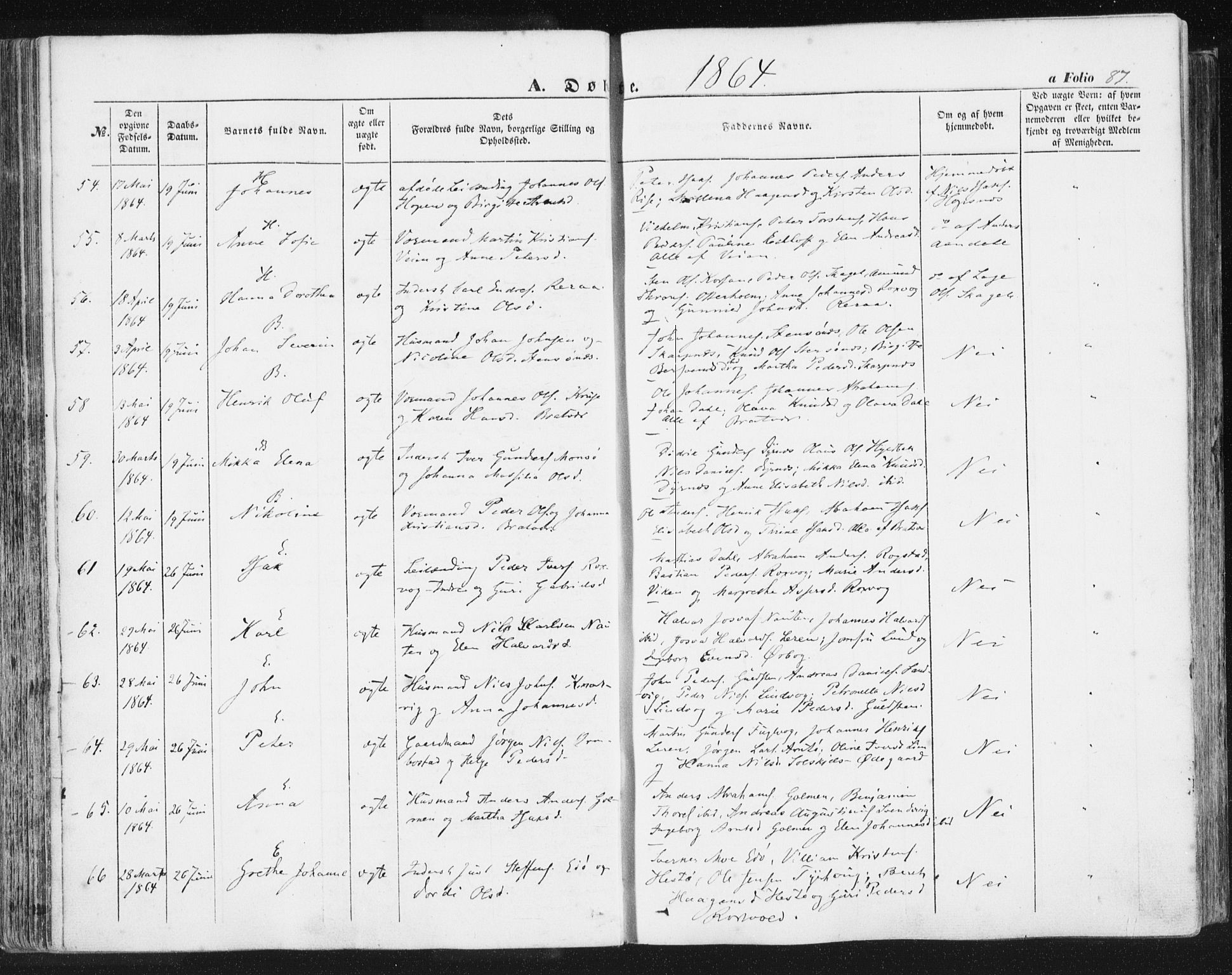 Ministerialprotokoller, klokkerbøker og fødselsregistre - Møre og Romsdal, AV/SAT-A-1454/581/L0937: Ministerialbok nr. 581A05, 1853-1872, s. 87