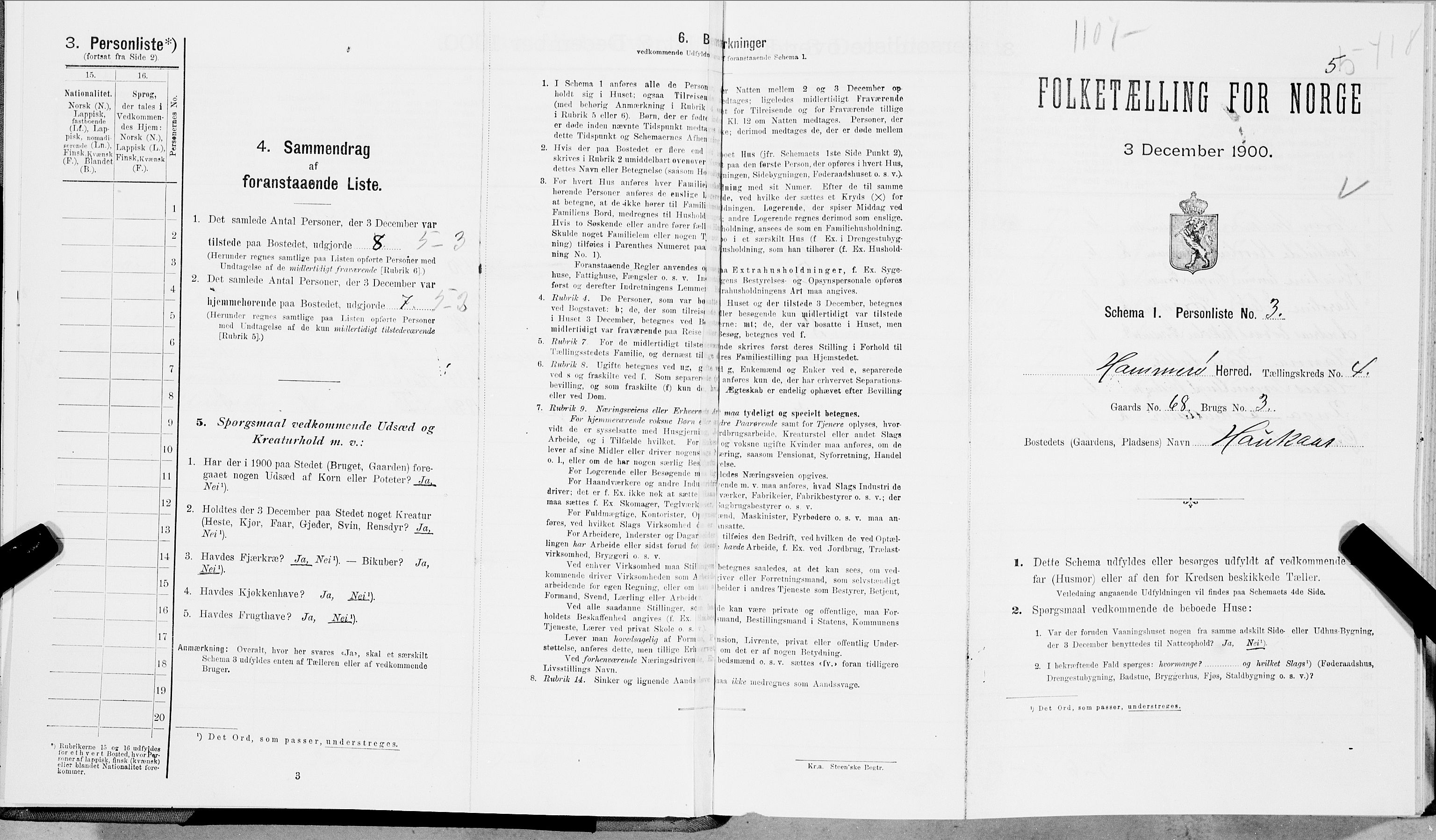 SAT, Folketelling 1900 for 1849 Hamarøy herred, 1900, s. 494