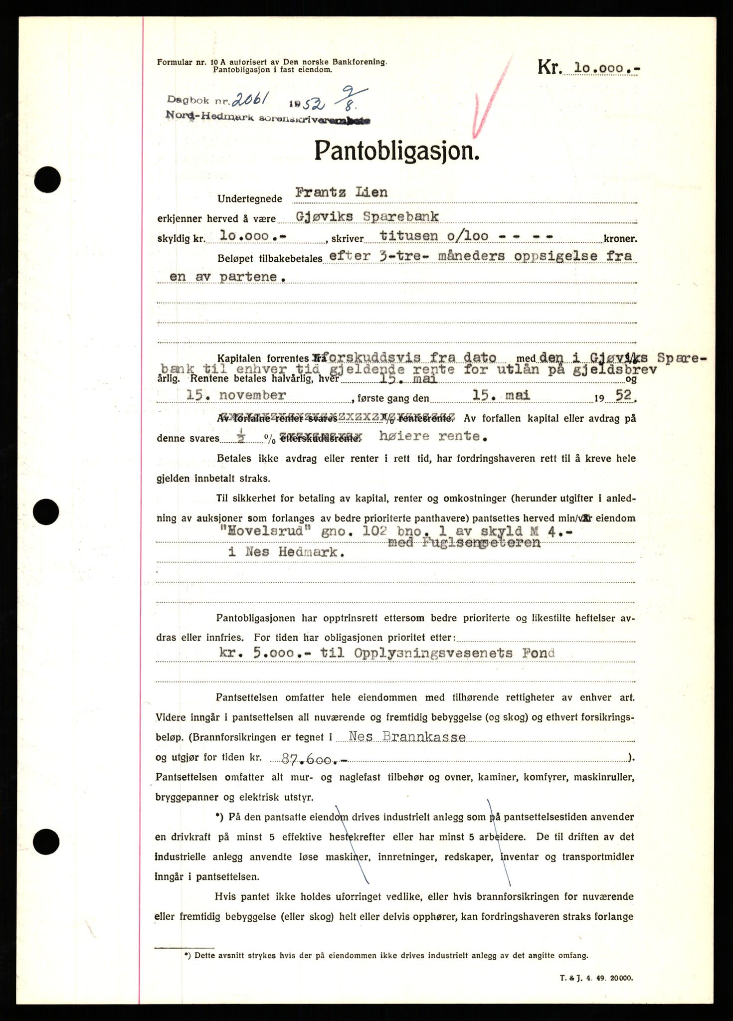 Nord-Hedmark sorenskriveri, SAH/TING-012/H/Hb/Hbf/L0025: Pantebok nr. B25, 1952-1952, Dagboknr: 2061/1952