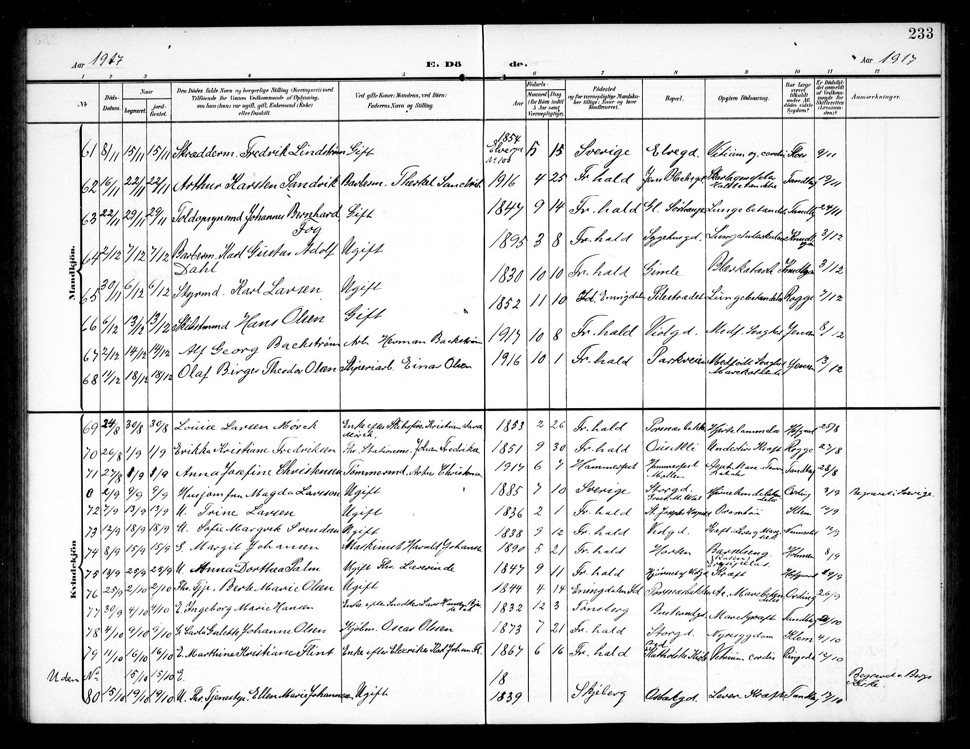 Halden prestekontor Kirkebøker, AV/SAO-A-10909/G/Ga/L0011: Klokkerbok nr. 11, 1906-1934, s. 233