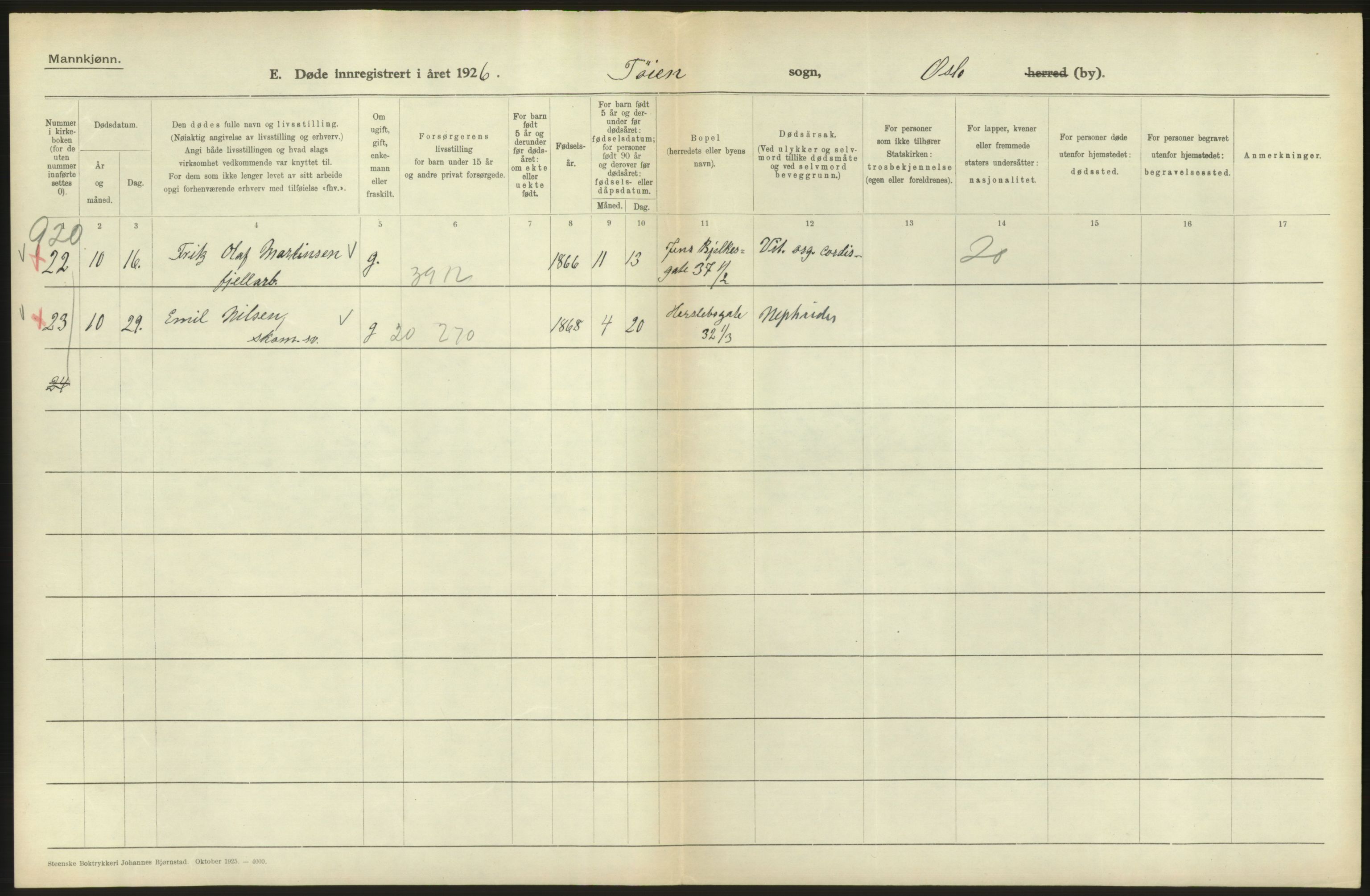 Statistisk sentralbyrå, Sosiodemografiske emner, Befolkning, AV/RA-S-2228/D/Df/Dfc/Dfcf/L0009: Oslo: Døde menn, 1926, s. 456