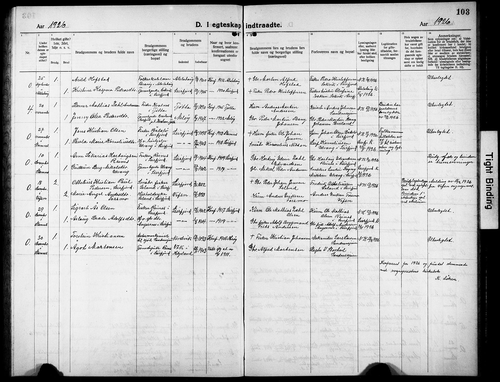 Ministerialprotokoller, klokkerbøker og fødselsregistre - Nordland, AV/SAT-A-1459/832/L0495: Klokkerbok nr. 832C02, 1920-1932, s. 103