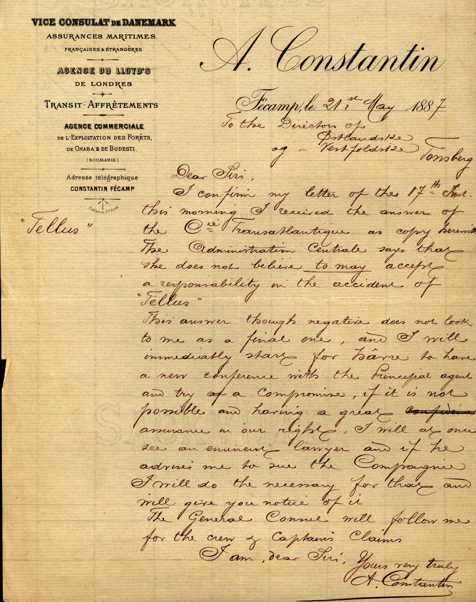 Pa 63 - Østlandske skibsassuranceforening, VEMU/A-1079/G/Ga/L0020/0001: Havaridokumenter / Tellus, Telanak, Wilhelmine, 1887, s. 5