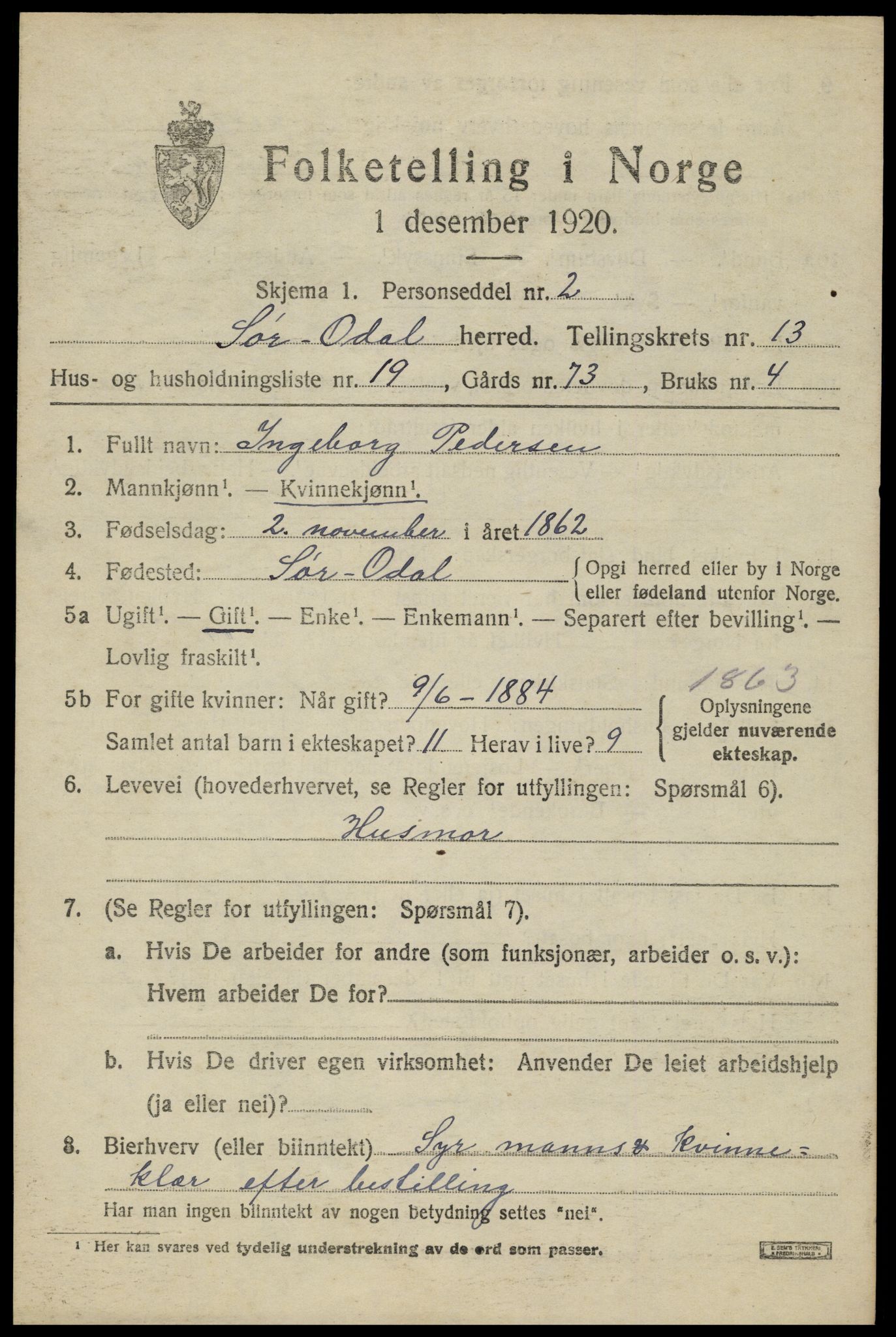 SAH, Folketelling 1920 for 0419 Sør-Odal herred, 1920, s. 13165