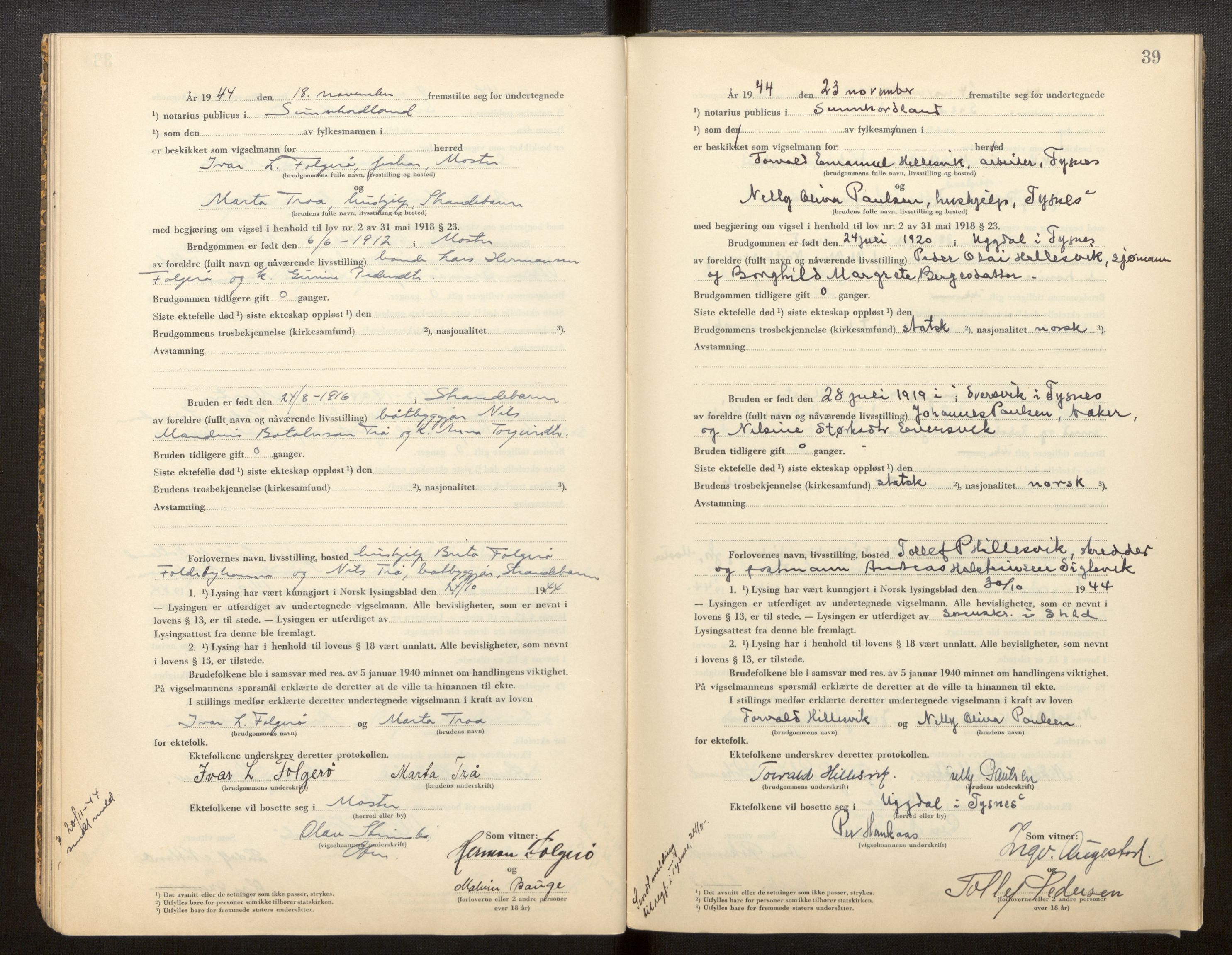 Sunnhordland sorenskrivar, AV/SAB-A-2401/2/I/Ia/L0002: Vigselsbok, 1943-1969, s. 38b-39a