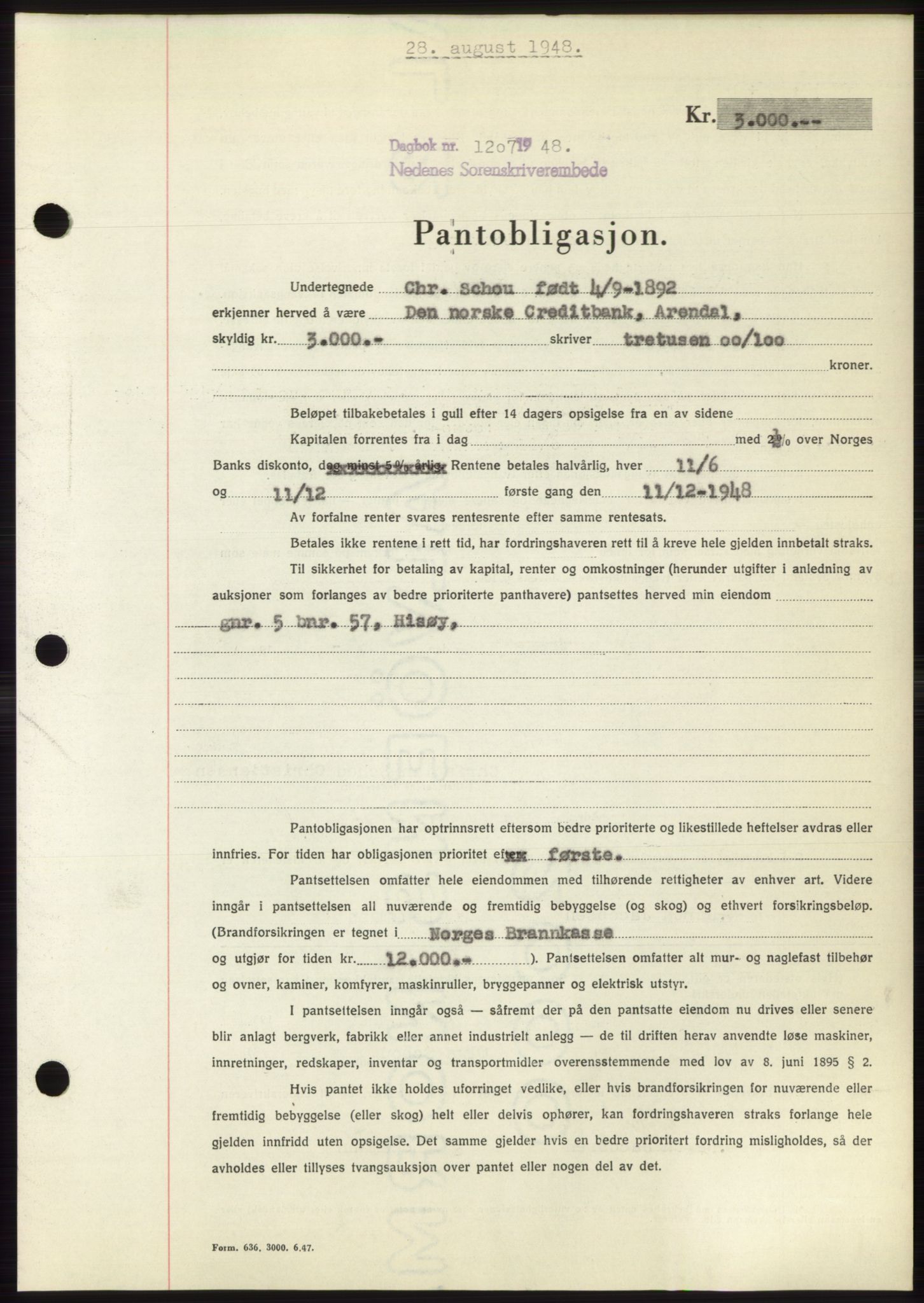 Nedenes sorenskriveri, AV/SAK-1221-0006/G/Gb/Gbb/L0005: Pantebok nr. B5, 1948-1948, Dagboknr: 1207/1948