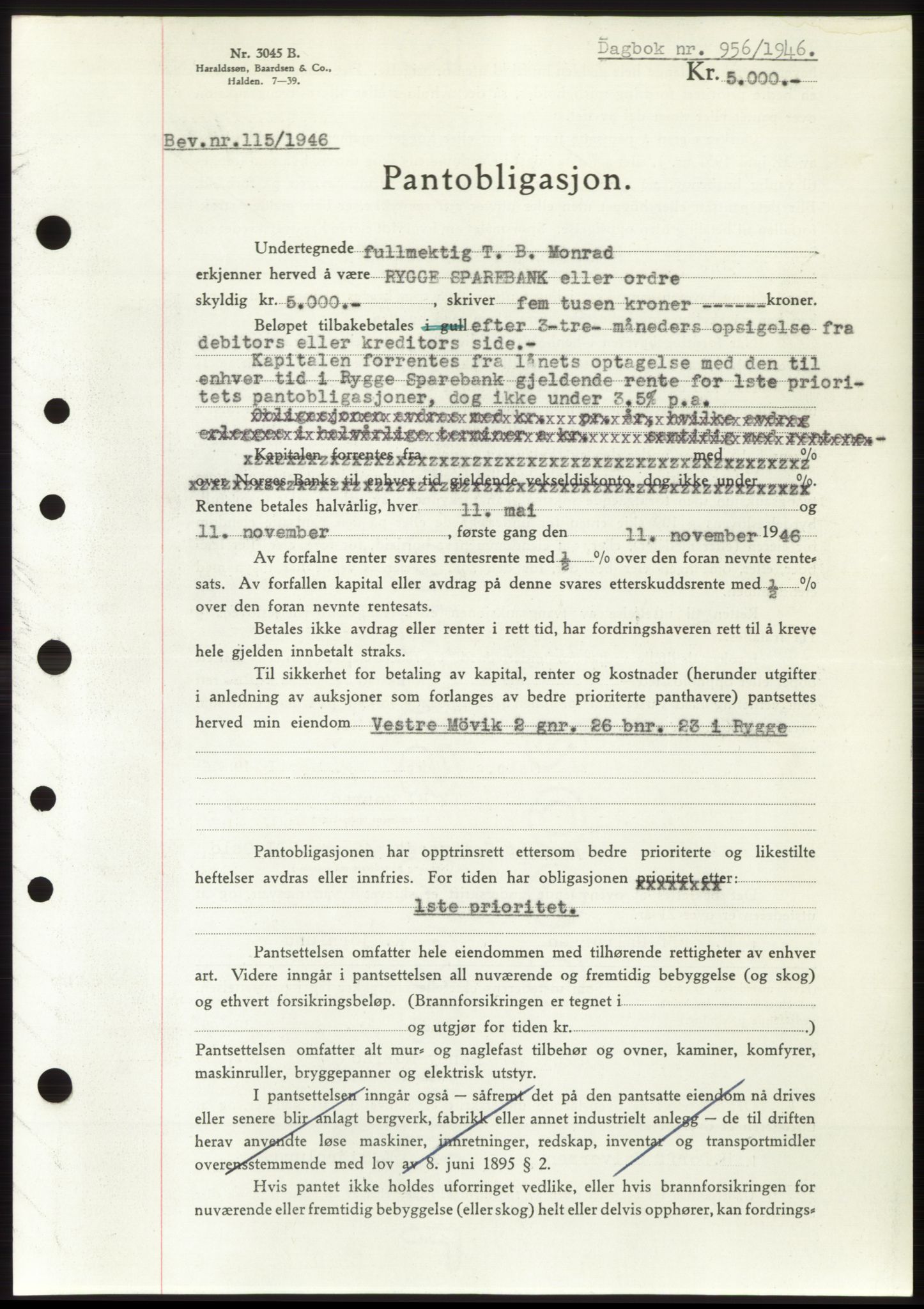 Moss sorenskriveri, SAO/A-10168: Pantebok nr. B15, 1946-1946, Dagboknr: 956/1946